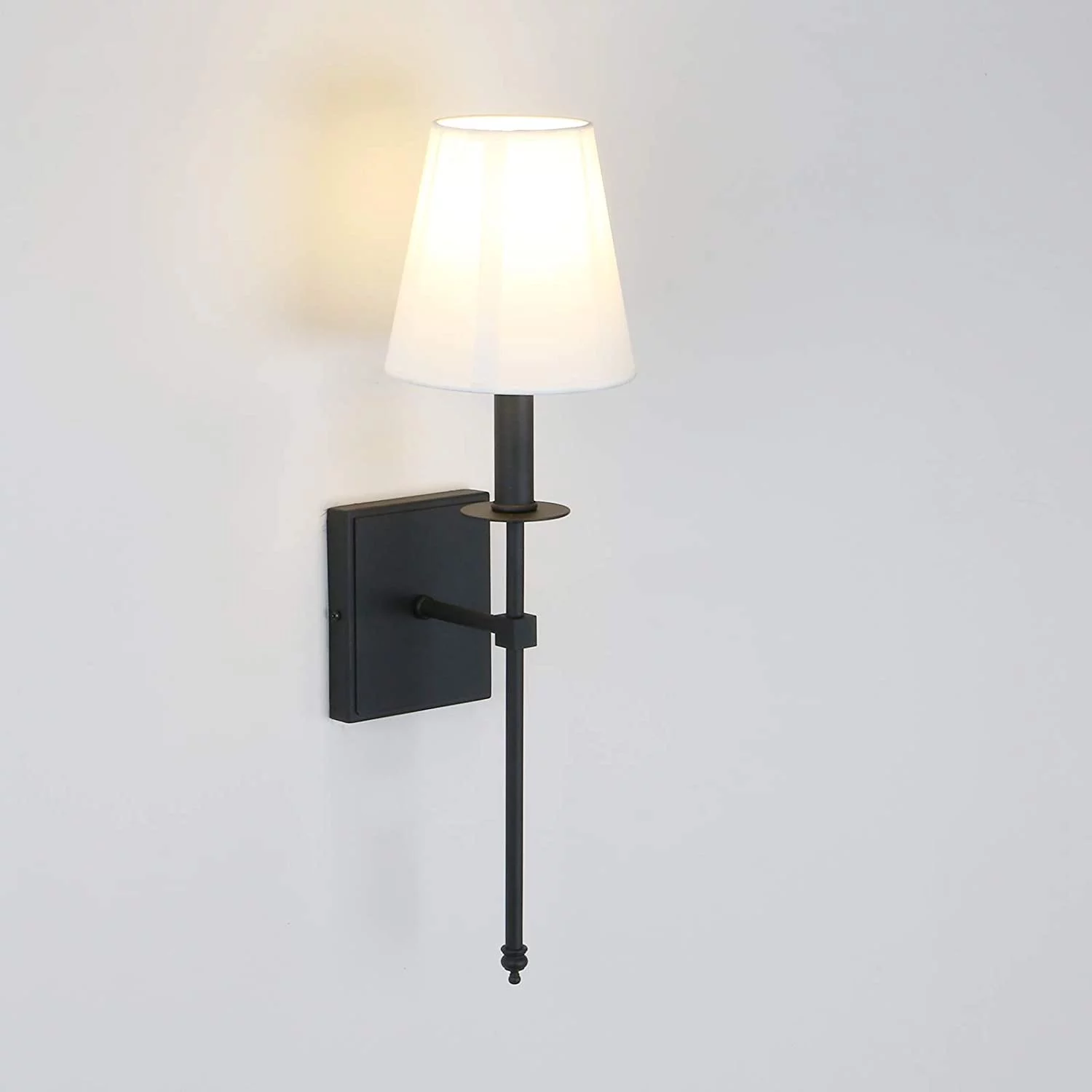 YANRUI Set of 2 Classic Rustic Industrial Wall Sconce Lighting Fixture with Flared White Textile Lamp Shade and Black Tapered Column Stand