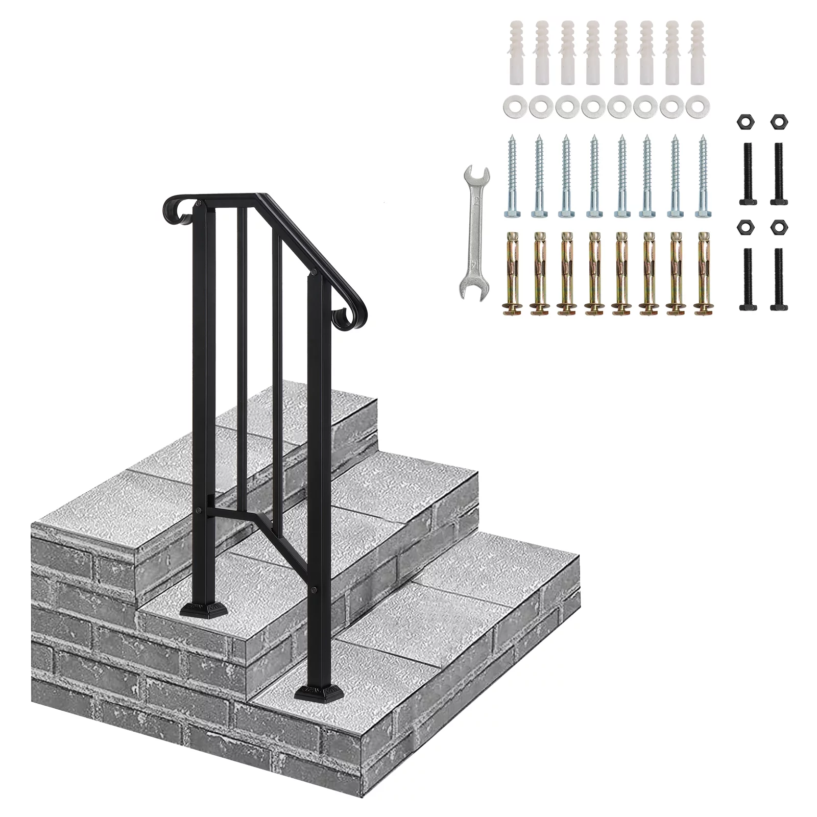 Ktaxon Outdoor 1-2 Step Wrought Iron Picket Handrail Black
