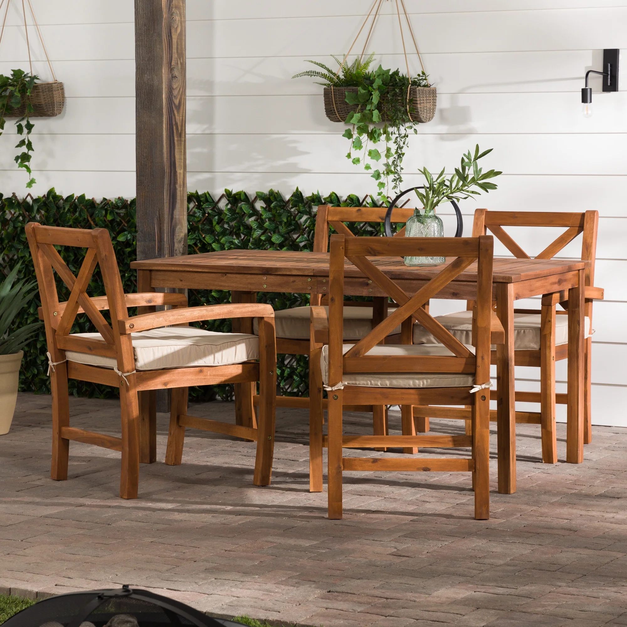 Walker Edison 5-Piece X-Back Wood Outdoor Patio Dining Set, Brown