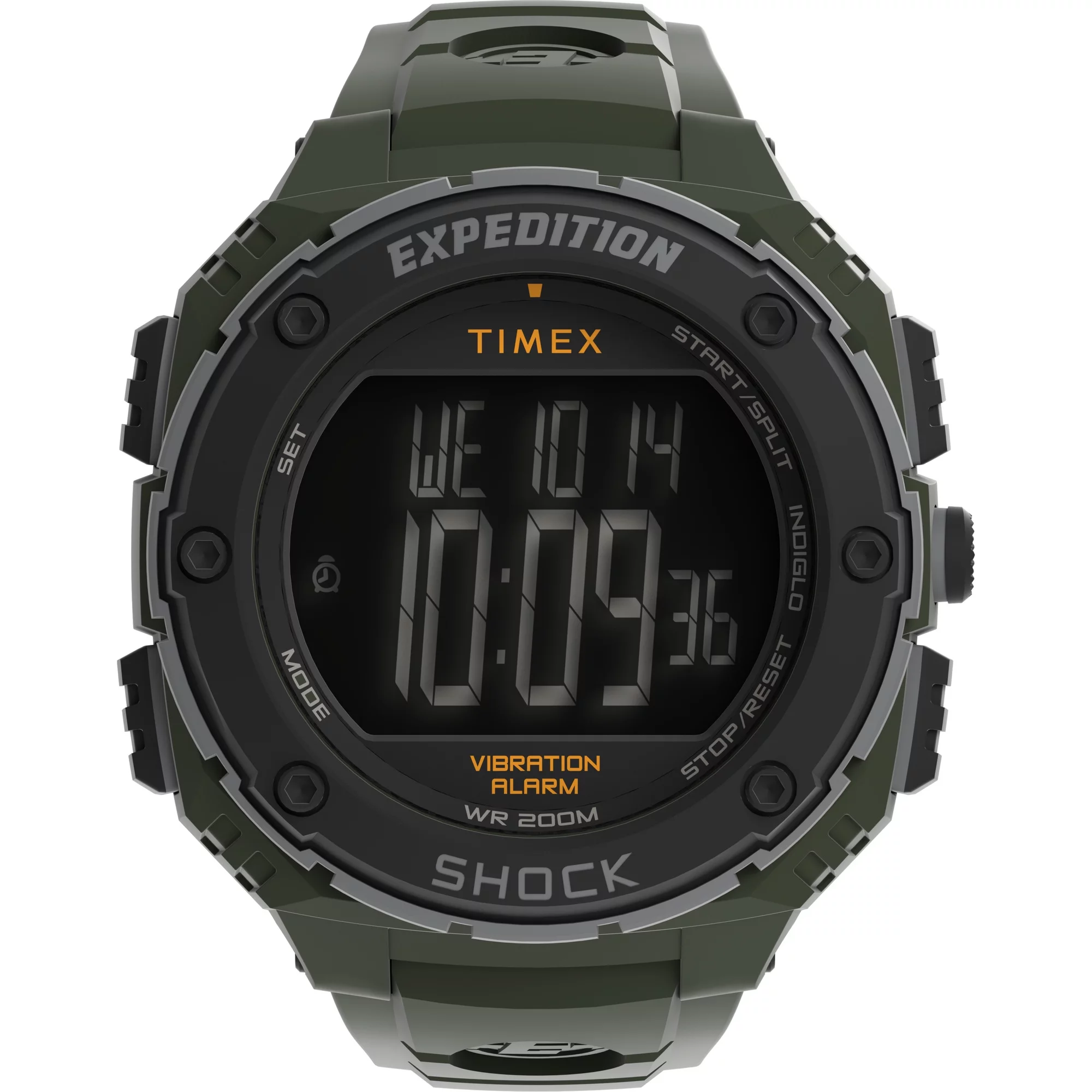 Timex Men's Expedition Shock XL Vibrating Alarm 50mm Watch – Green Case Negative Display with Green Resin Strap