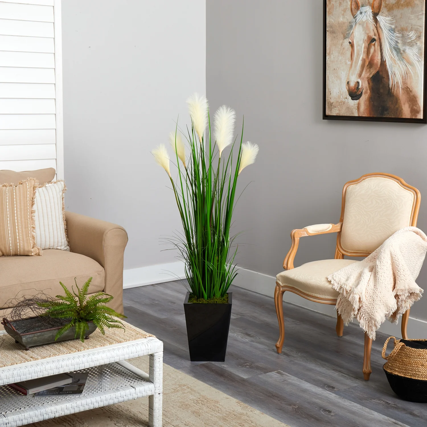 HomeStock Modern Minimalism 4.5Ft. Wheat Plume Grass Artificial Plant In Black Metal Planter