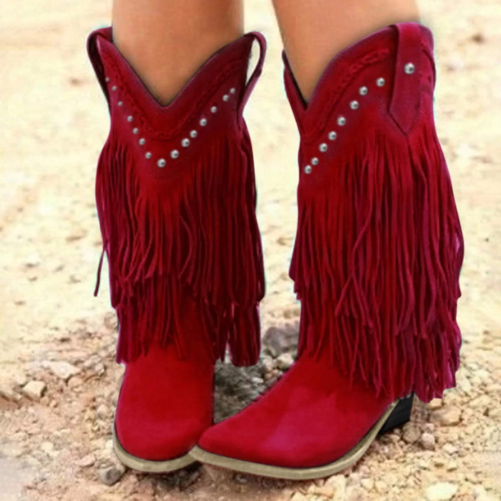 Jsaert Boots Boots For Women Heel Retro Chunky Tassel Mid-Calf Fringe Casual women's boots