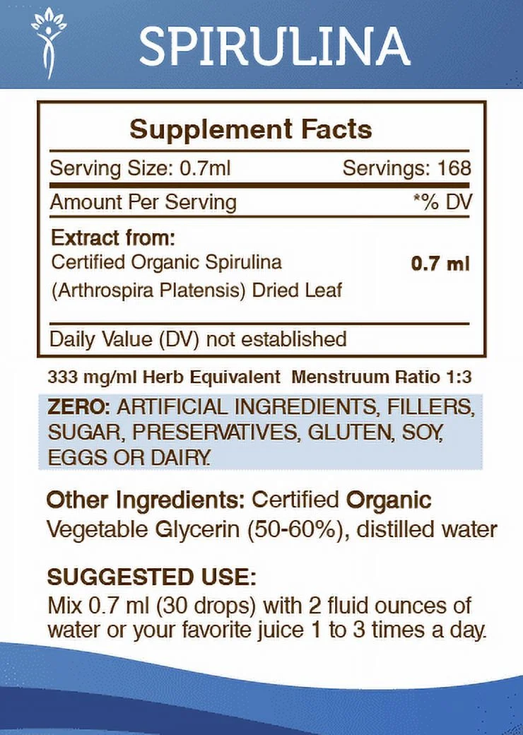Spirulina Tincture Alcohol-FREE Extract, Organic Arthrospira Platensis Healthy Cholesterol Levels and Strong Cardiovascular Function 4 oz