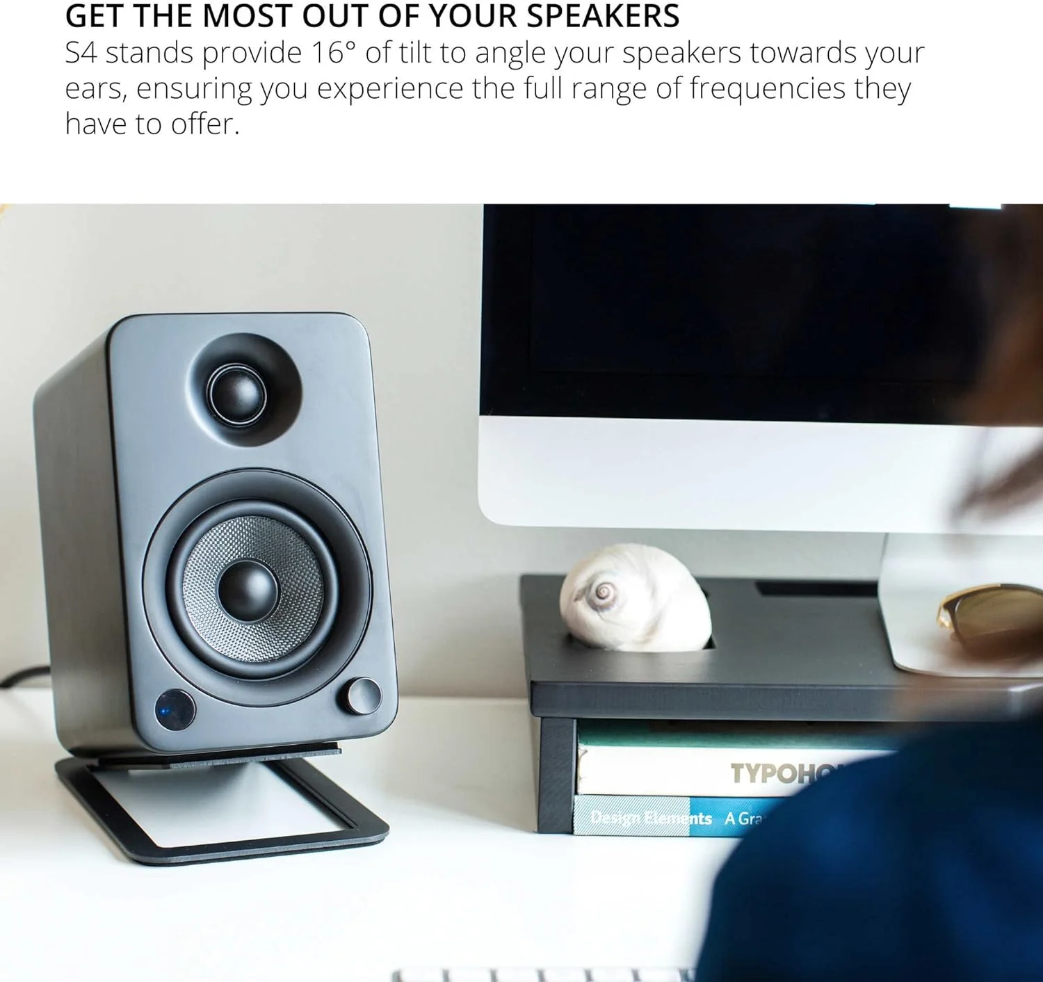 Kanto YU4MB 140W Bookshelf Speakers with Bluetooth with Kanto S4 Angled Desktop Speaker Stands for Medium Speakers and an AT-LP120XUSB-BK Direct-Drive 3-Speed Manual USB Turntable (2022)