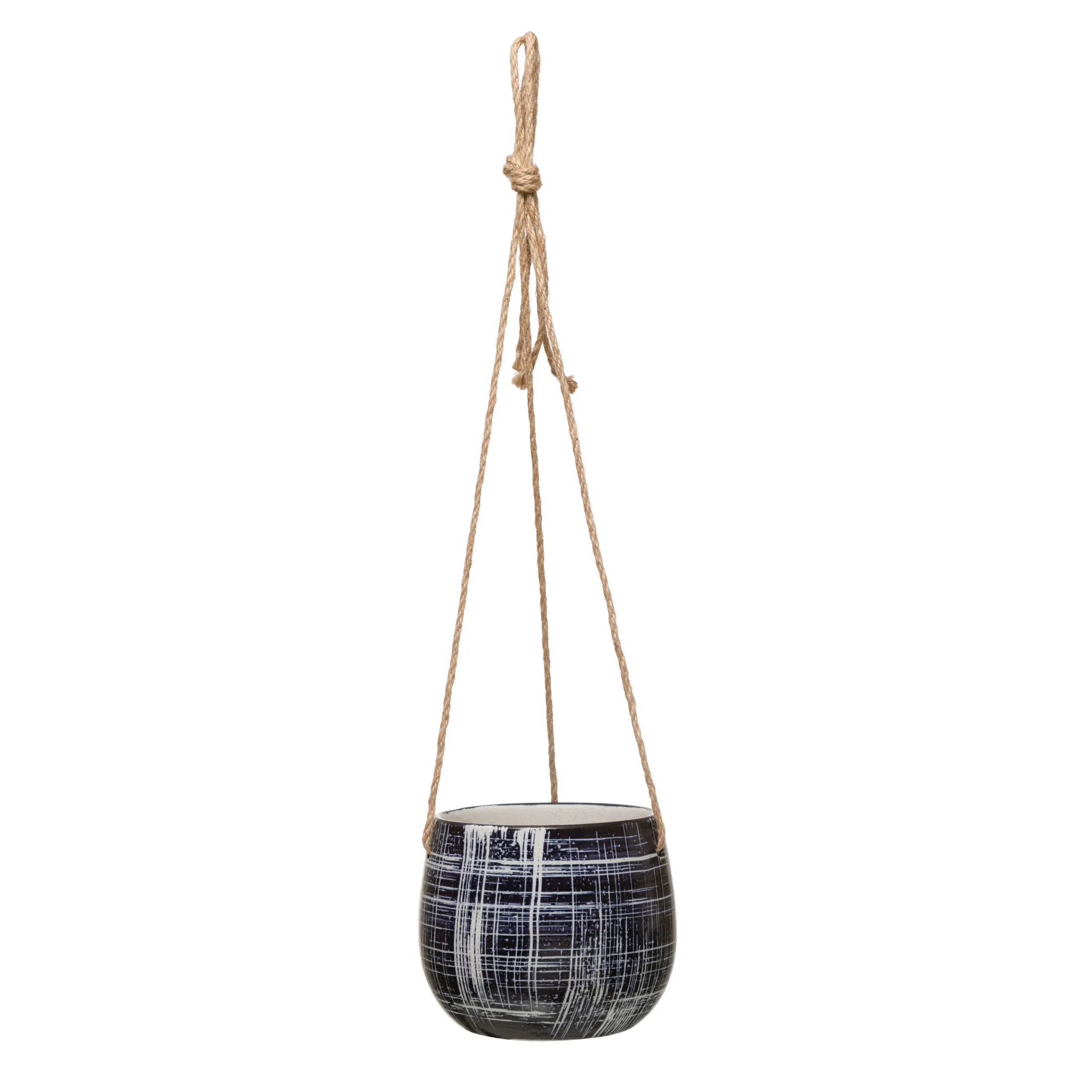 Creative Co-Op Round Hanging Stoneware Planter with Line Patterns and Jute Rope, Blue and Natural