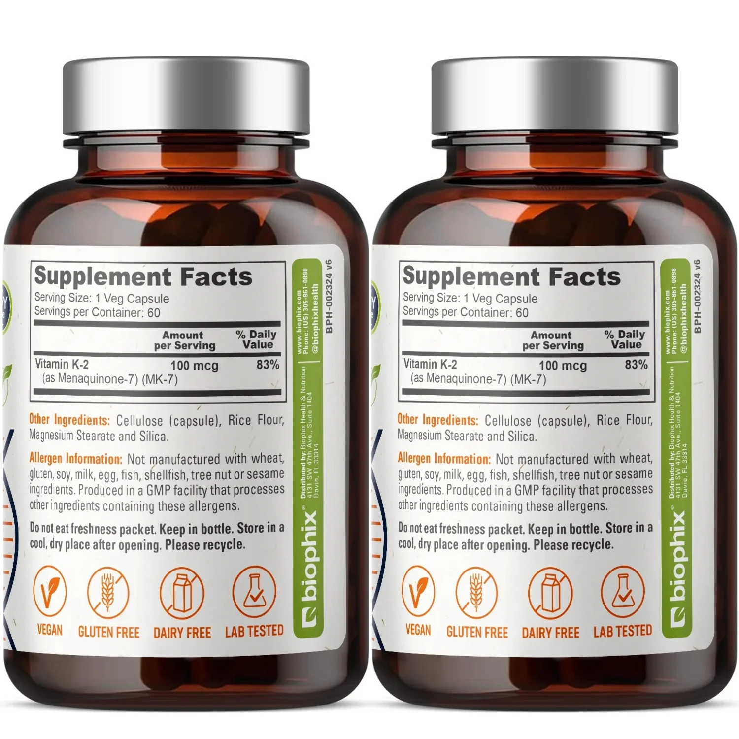 Vitamin K-2 MK-7 High-Potency 100 mcg 60 Vegetarian Capsules - 2 Pack