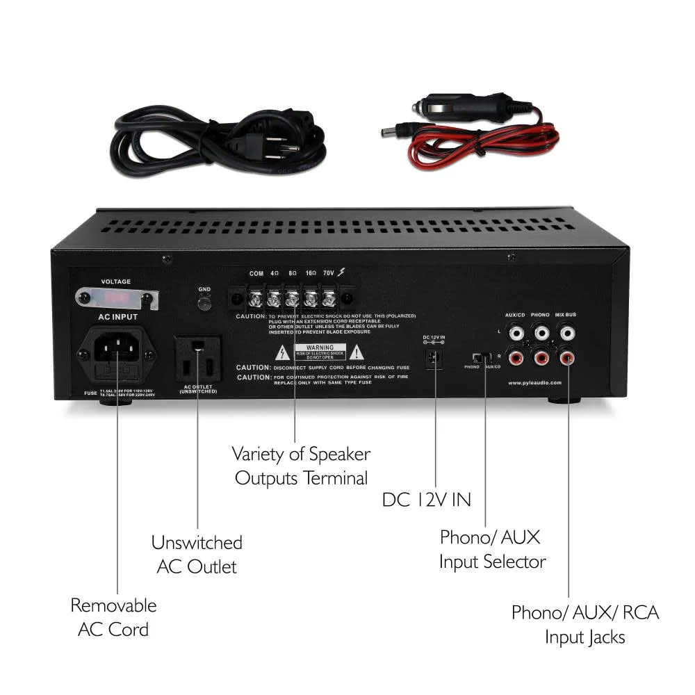 Pyle Compact 80 Watt Microphone PA Mono Amplifier Speaker Receiver System, Black