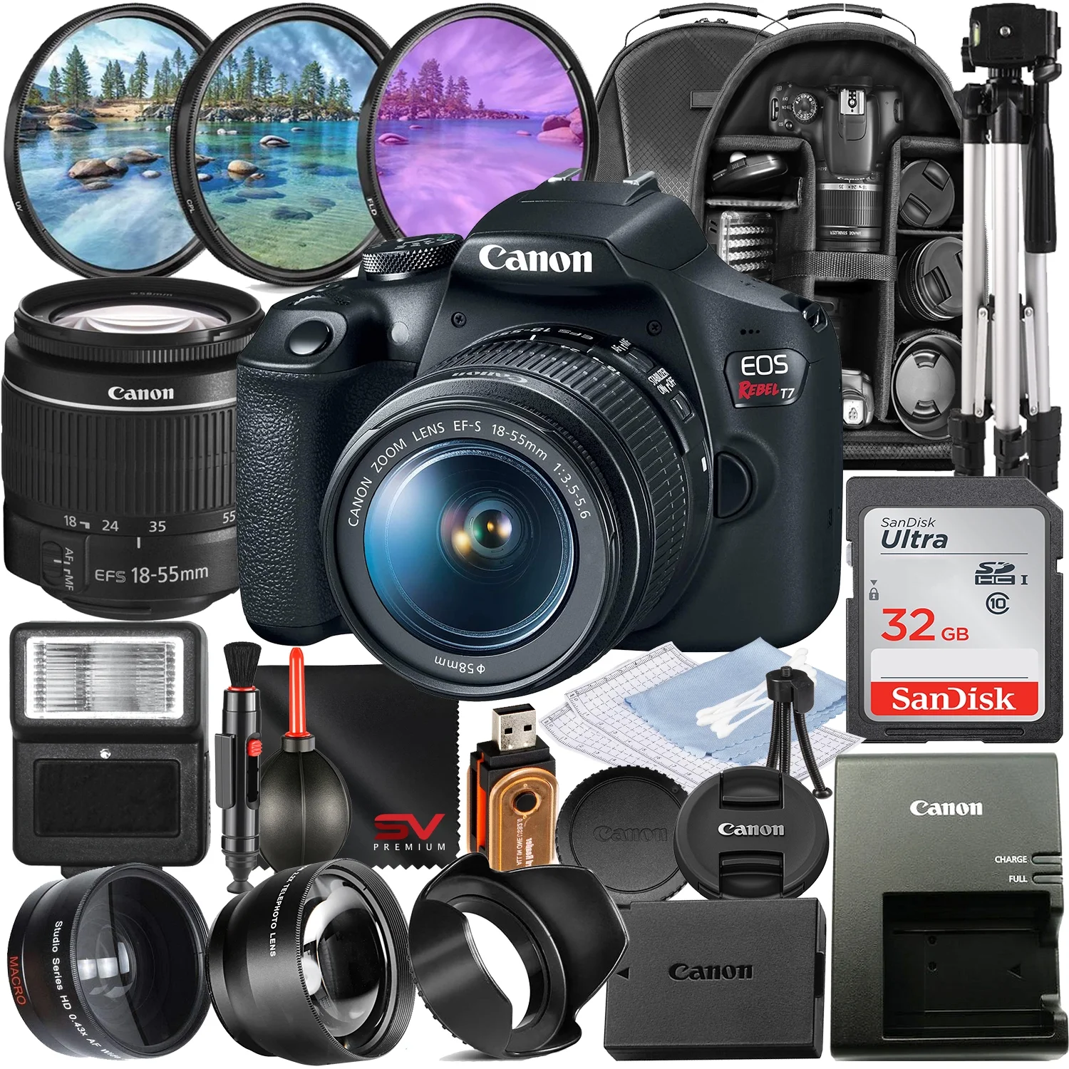 Canon EOS Rebel T7 DSLR Camera with 18-55mm Zoom Lens + SanDisk 32GB Memory + Tripod + Backpack + SV Premium Accessory Bundle