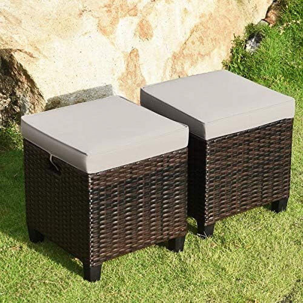 MQLIFEBOOM 2 Pieces Wicker Outdoor Ottomans for Patio  All Weather Rattan Patio Ottoman Set with Waterproof & Removable Soft Cushions  Outdoor Foot  for Porch  Garden  Poolside