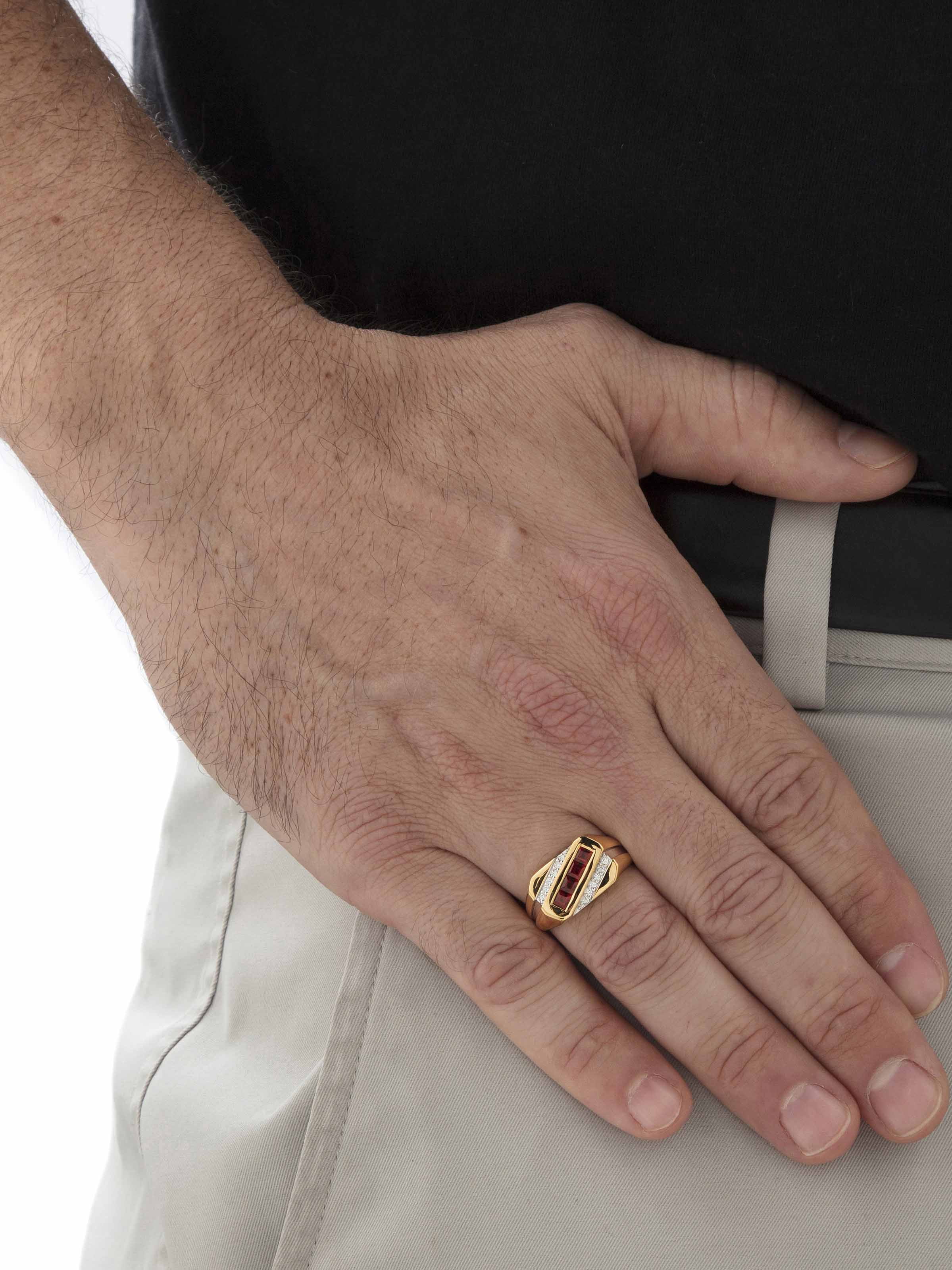 PalmBeach Jewelry Square-Cut Genuine Red Garnet and Diamond Diagonal Men's Ring .96 TCW in 18k Yellow Gold-plated Sterling Silver