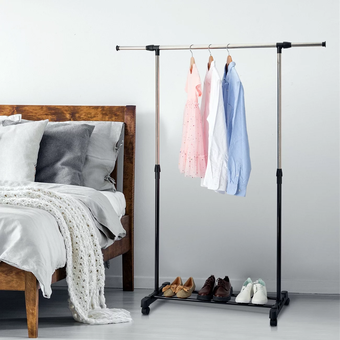 Ktaxon Single Bar Vertical and Horizontal Stretching Stand Clothes Rack with Shoe Shelf Black & Silver