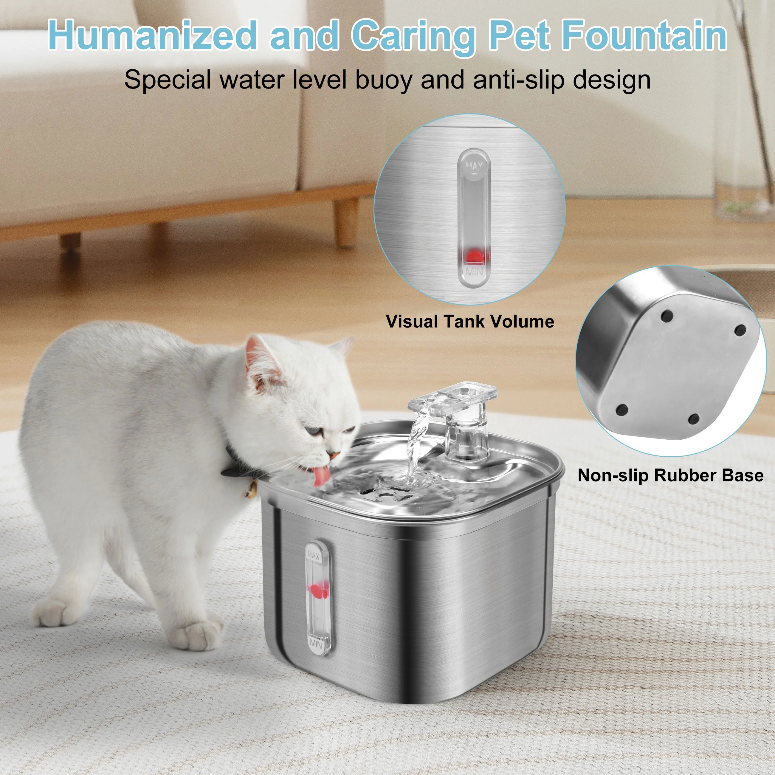 Cobectal Stainless Steel Cat Water Fountain 74oz/2.2L Automatic Water Dispenser for Cats and Dogs