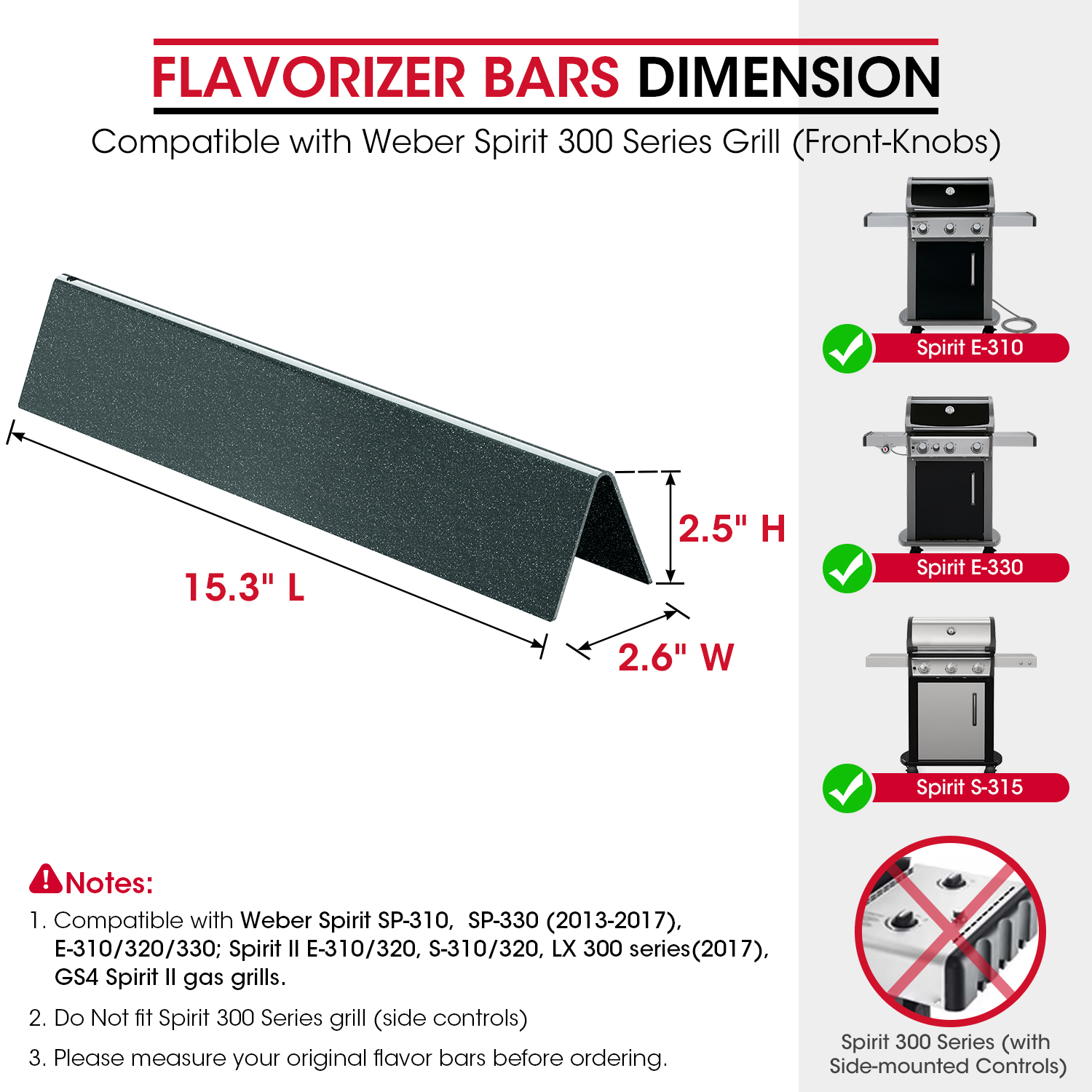 Unicook 15.3 Inch Grill Flavorizer Bars for Weber Spirit I & II & GS4 300 Series, Thick Porcelain Grill Heat Plate Burner Covers for Spirit E/S 310 320 330 Grill Parts, 5 Pack