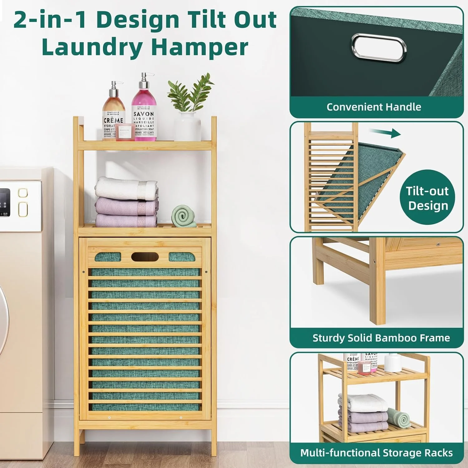 Tilt Out Laundry Hamper, Bamboo Laundry Hamper with Storage Shelves & Clothes Basket, 2 Tier Freestanding Laundry Shelf for Guest Bathroom Laundry Room, Natural (2-Tier)