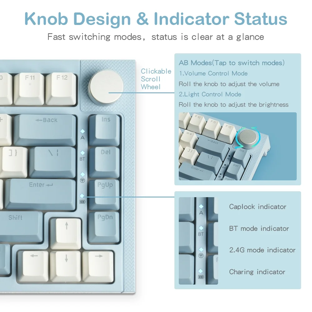 RECCAZR KW75S Wireless Mechanical Keyboard USB-C Wired/Bluetooth/2.4GHz Gaming Keyboard 81 Keys Gasket Mounted with Knob, RGB Backlight Hot-Swappable OUTEMU Blue Switch(Blue White)