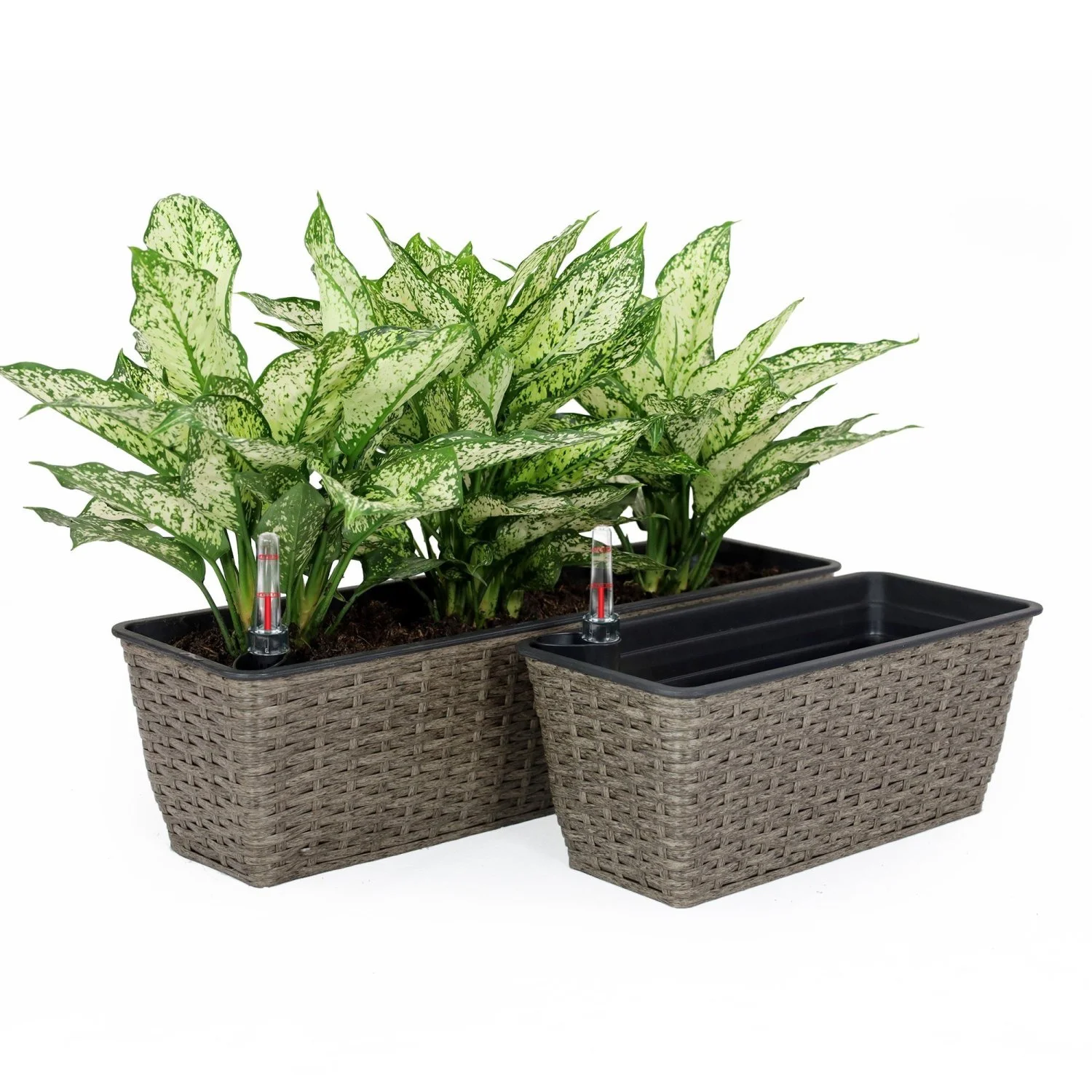 JHOOTUUO 2-Pack Smart Self-watering Rectangle Planter for Indoor and Outdoor -  Woven Wicker - Gray