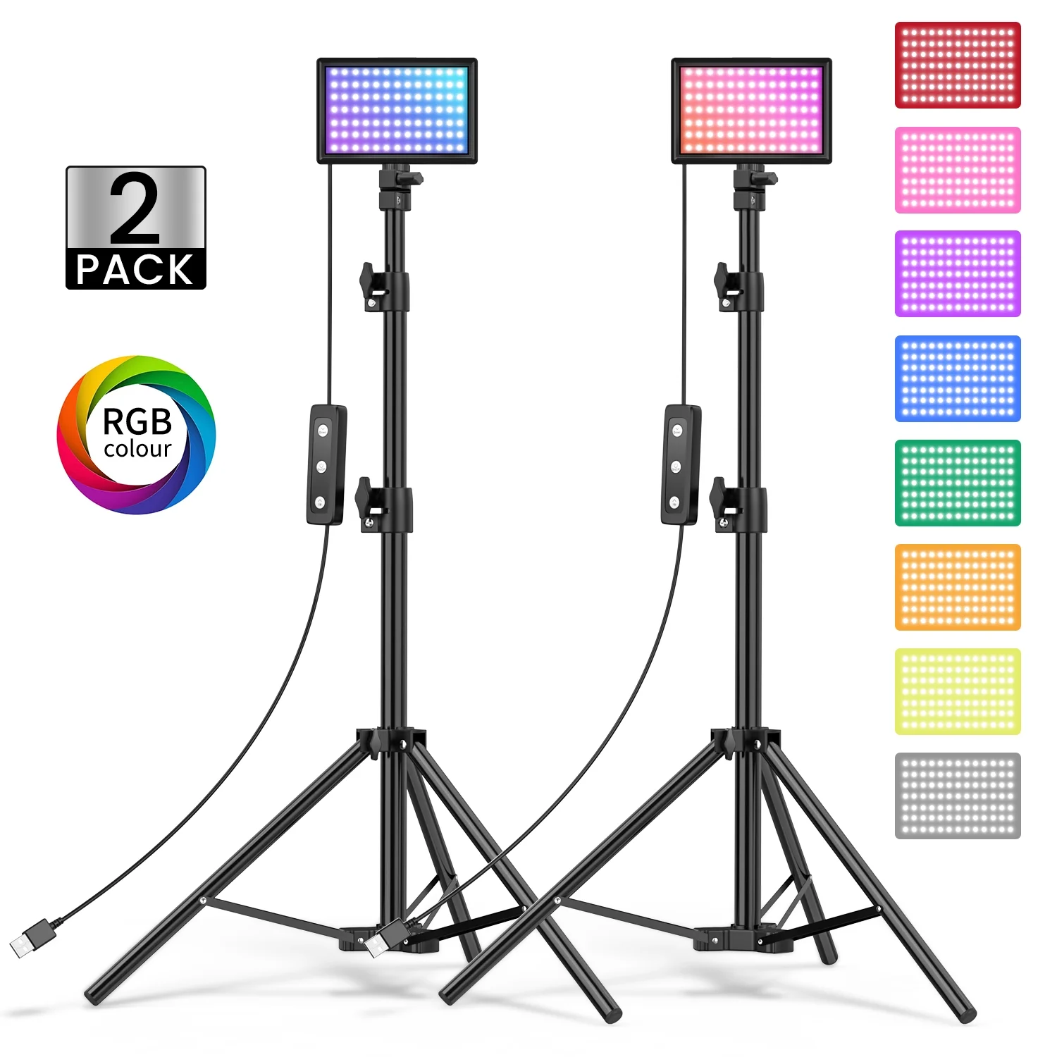 2-Pack LED Video Light Kit, Remote Control Dimmable USB LED Continuous Light Photography Light with Tripods,  9 Color Filters and 10 Brightness Level for Video Recording, Game Streaming, YouTube