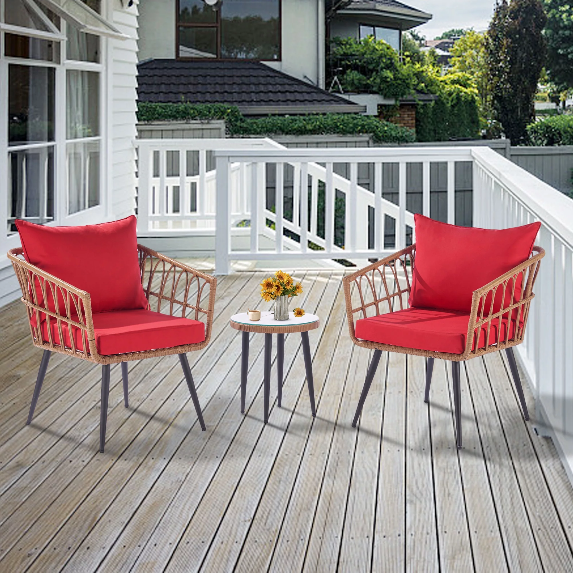 SYNGAR 3 Piece Patio Bistro Set, All Weather PE Wicker Sectional Furniture Set with Red Cushions, Outdoor Conversation Set with 2 Single Chairs and 1 Coffee Table, for Yard, Deck, Garden