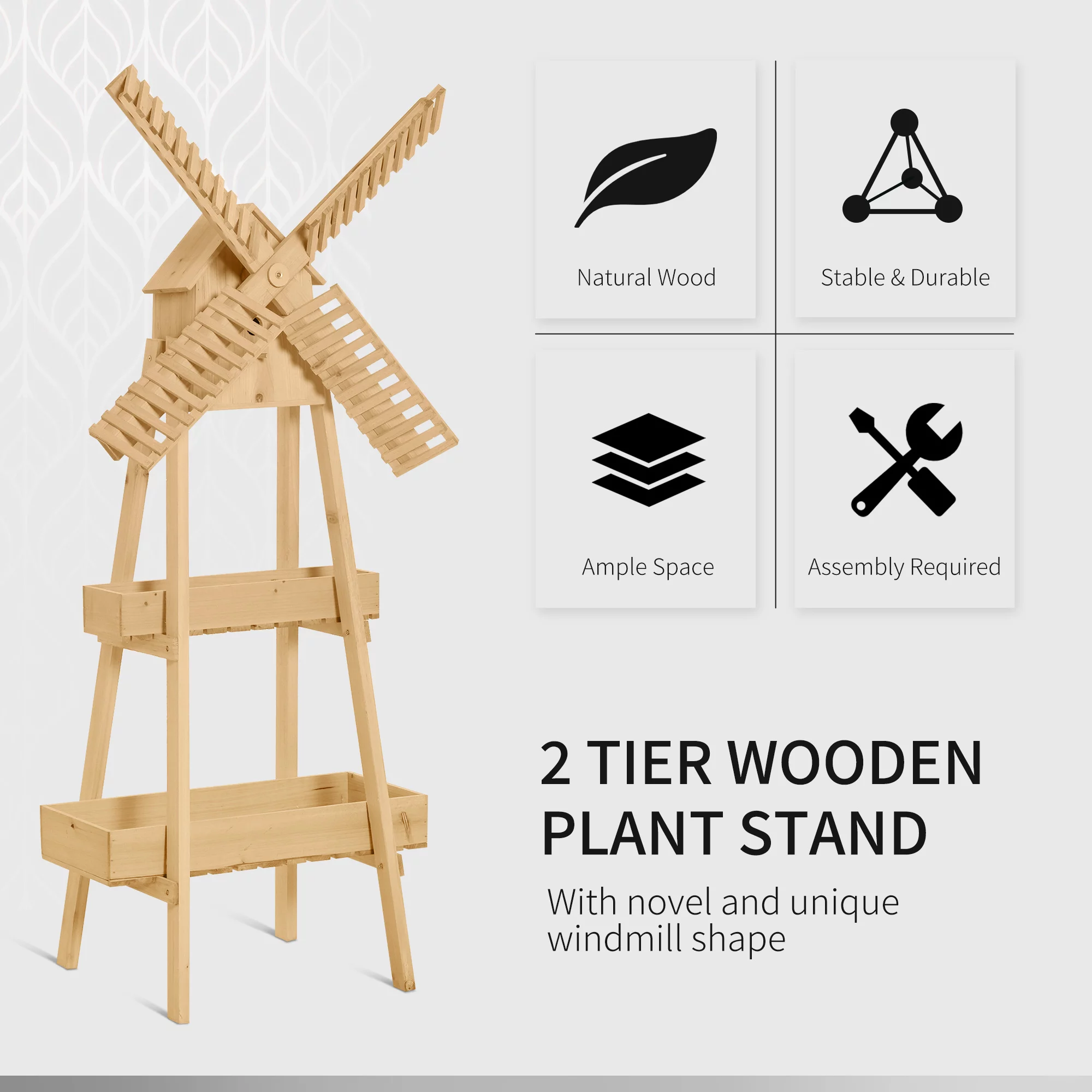 Outsunny 3' x 1' x 5' 2-Level Wooden Plant Shelf with Cute Windmill Design