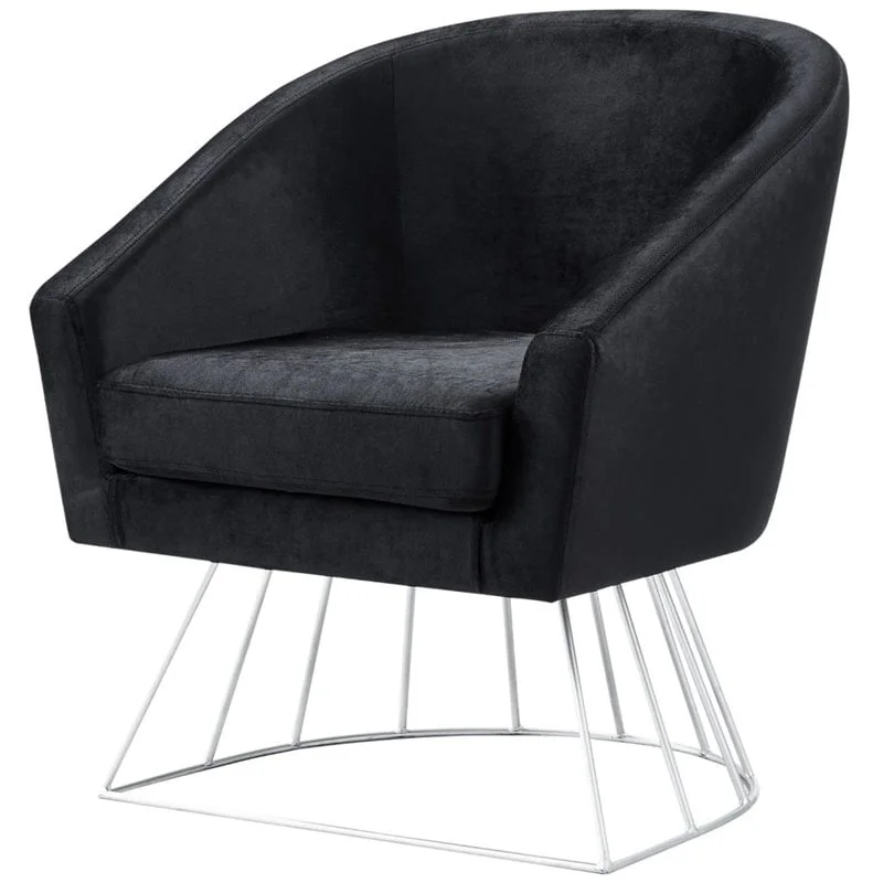Maklaine Tufted Velvet Barrel Back Accent Chair in Black/Chrome