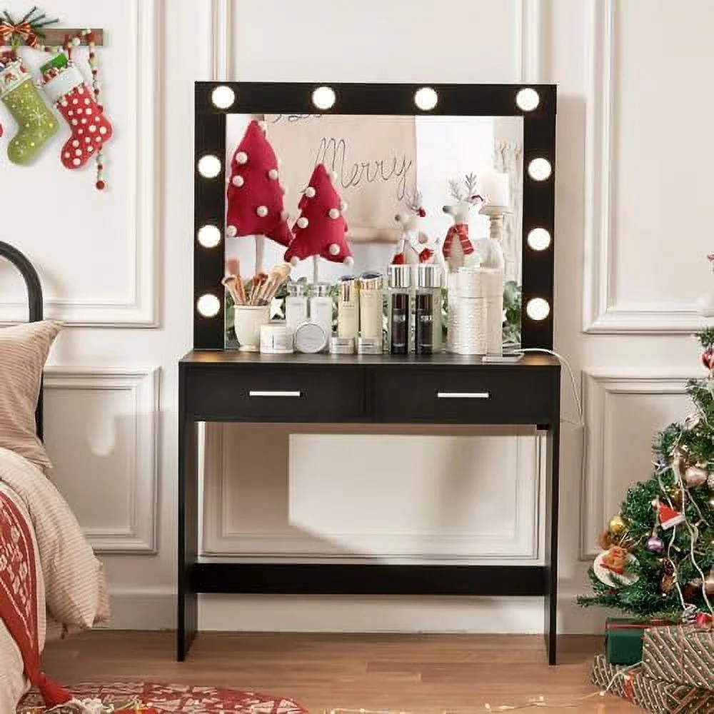 TQJKLFDY Vanity Desk with Large Lighted Mirror for Christmas Day   Vanity with 10 Lights  2 Drawers & Power Strip  Vanity Desk Set  Dressing Vanity Tables for Women Girls  Bedroom  Bl