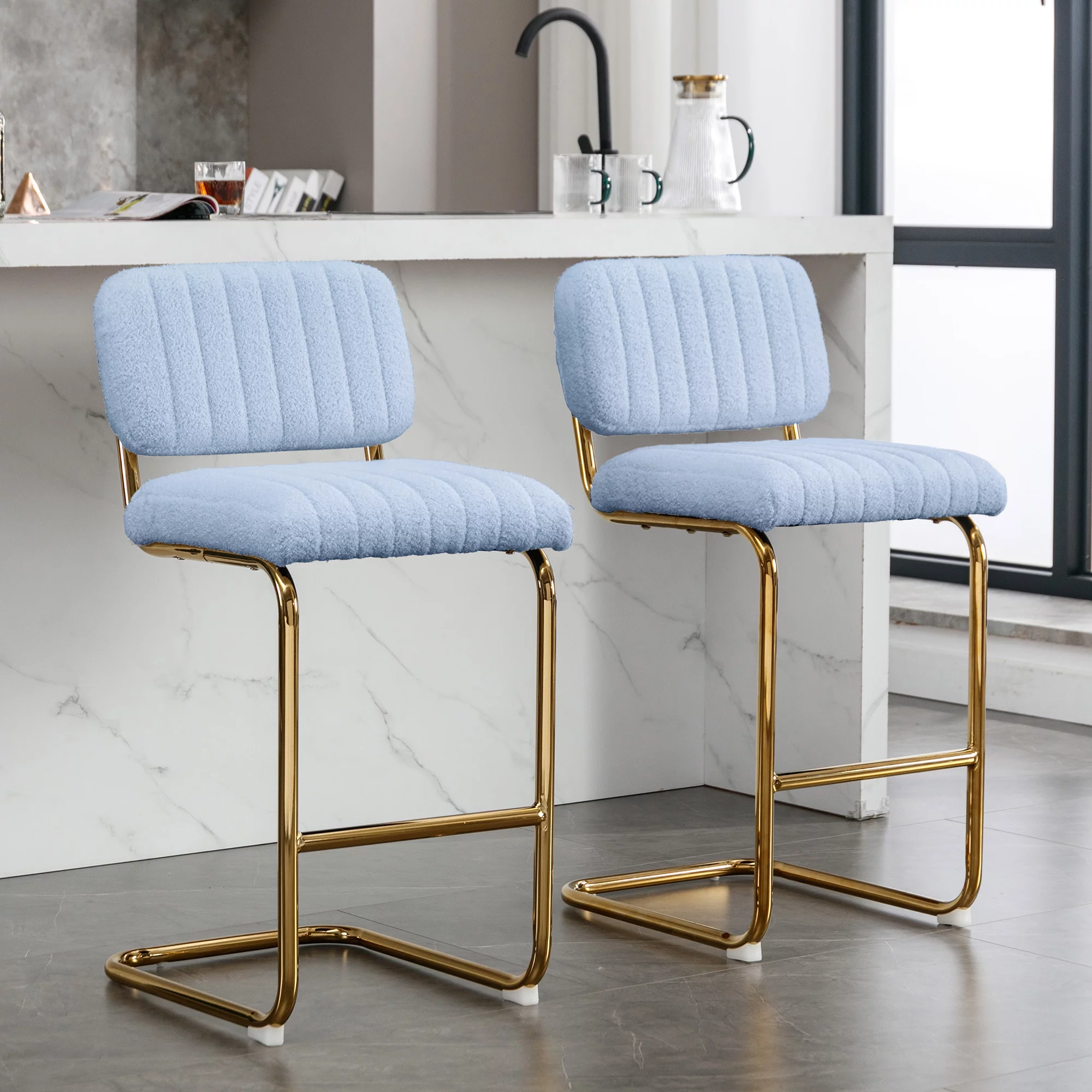 Homiyad Mid-Century Modern Counter Height Bar Stools for Kitchen Set of 2, Armless Bar Chairs with Gold Metal Chrome Base for Dining Room, Upholstered Boucle Fabric Counter Stools, Blue
