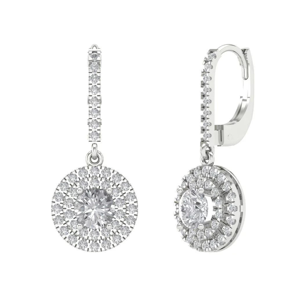 White Gold Halo Stud Earrings - 2.04 Ct Brilliant Round Cut Drop Dangle Simulated Diamond 14K, Earrings Lever Back