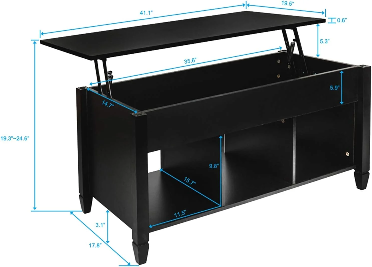 TJUNBOLIFE GT3-XJ Lift Top Coffee Table Modern  Hidden Compartment and Lift Tabletop Black