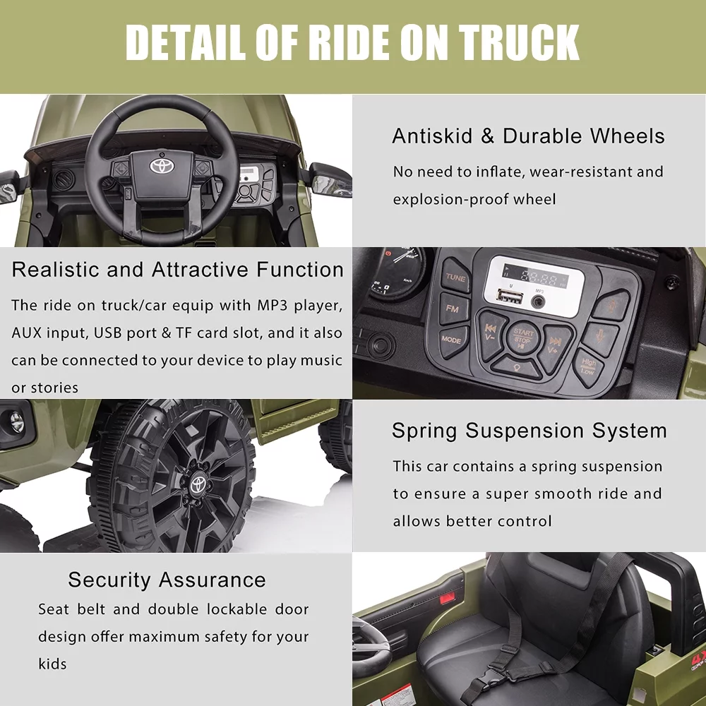 uhomepro Green 12 V Toyota Tacoma Kids Powered Ride On Car with Remote Control, MP3 Player