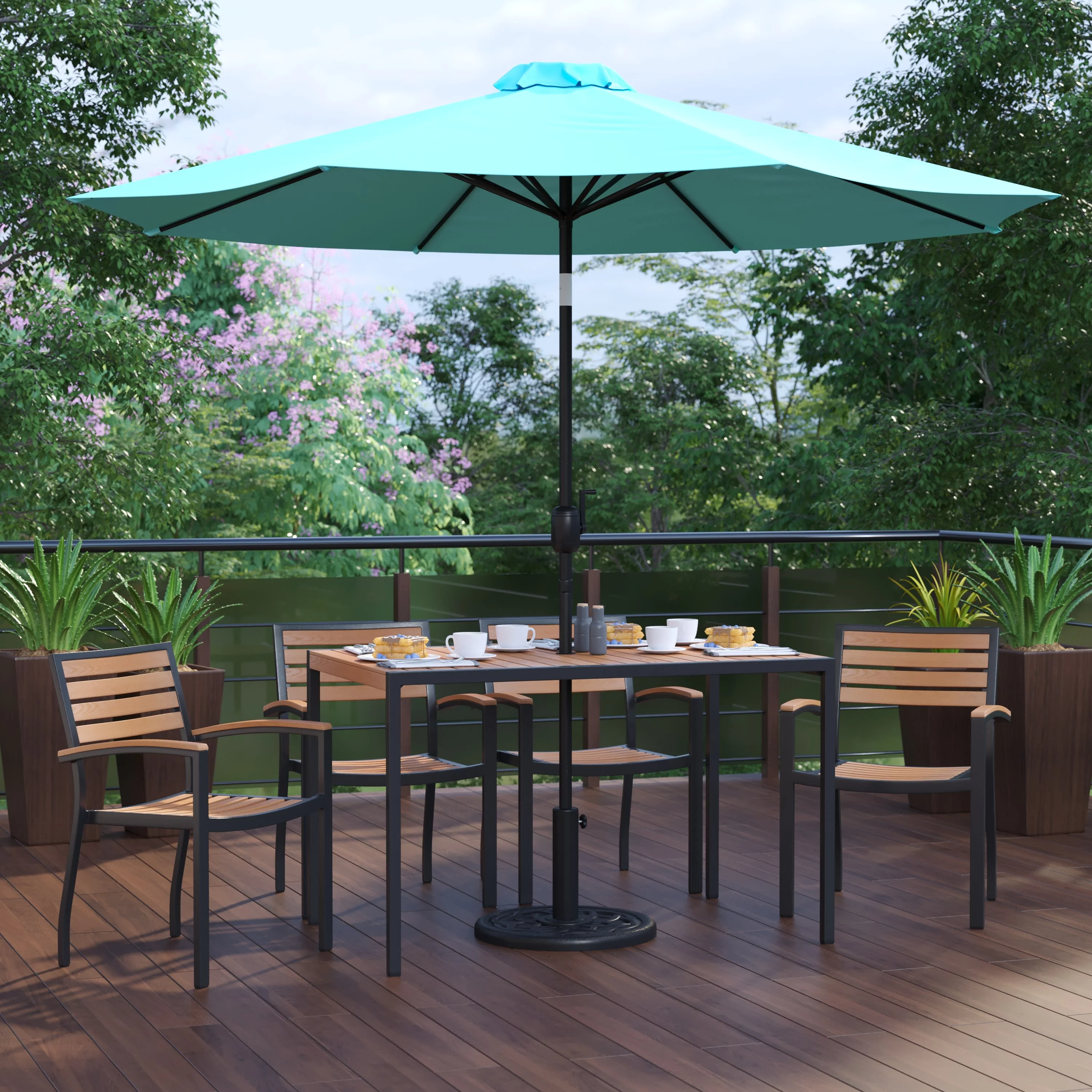 Flash Furniture Lark Series 7-Piece Steel/Aluminum Teak Patio Table and Chair Set, Teal