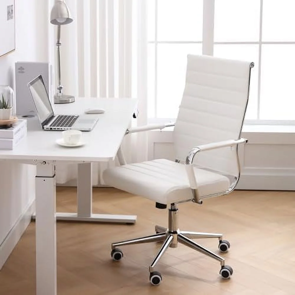 TJCGDTY Home Office Chair Ribbed  Modern Leather Conference Room Chairs  Ergonomic Office Desk Chair  High Back Executive Computer Chair  Adjustable Swivel Chair with Arms (White)