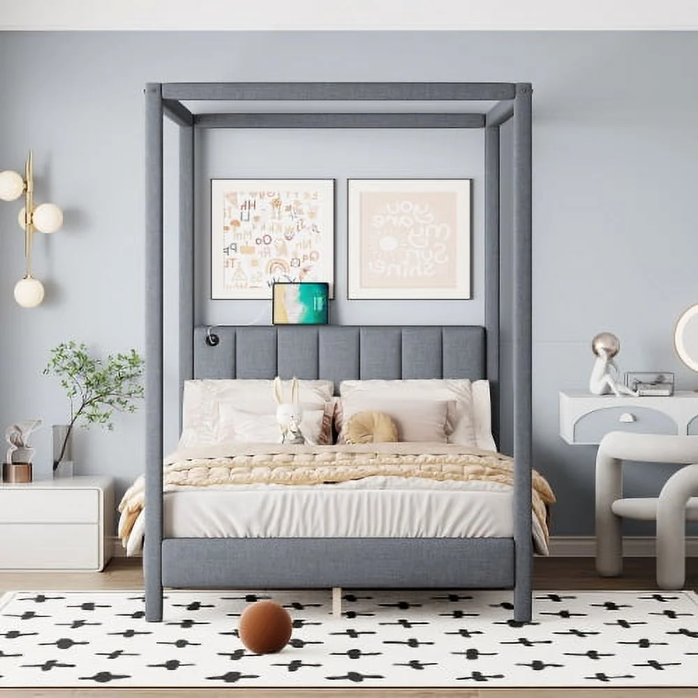 DremFaryoyo Queen Size Canopy Platform Bed with USB and Type-C Ports  Canvas  Gray