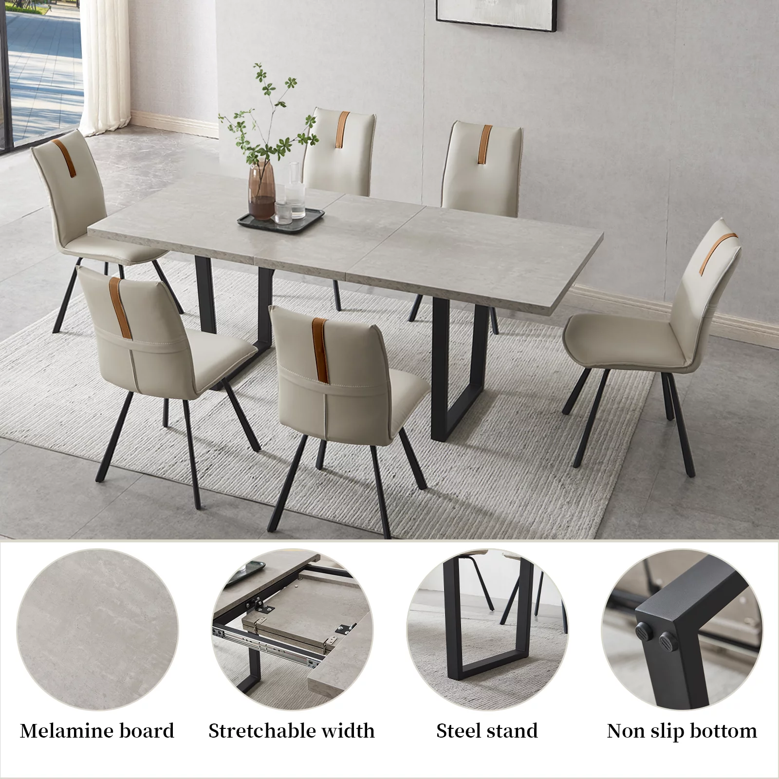 Extendable Dining Table for 6-8 Seats, Modern Rectangular Design with Extending Leaves for Kitchen Dining, Thickened Top and Carbon Steel Base Gray