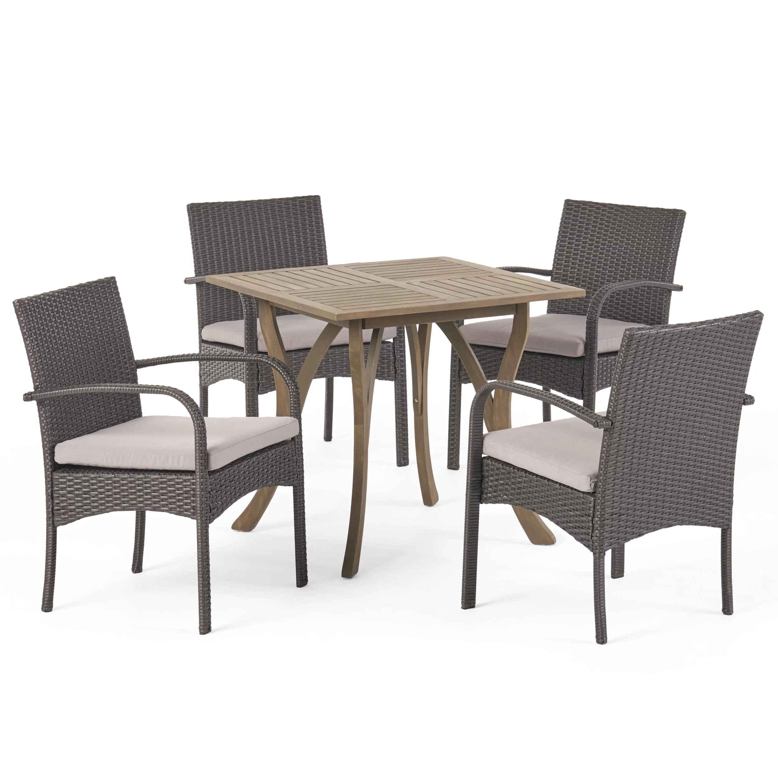 GDF Studio Laurent Outdoor Acacia Wood and Wicker 5 Piece Dining Set with Cushions, Gray and Light Gray