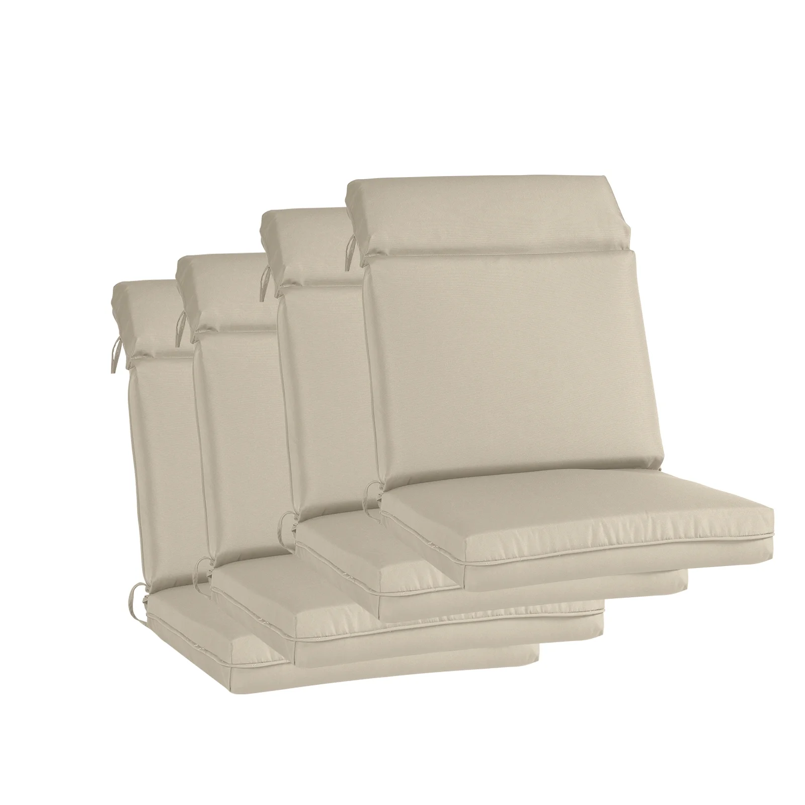 Aoodor 4Pcs Outdoor High Back Dining Chair Cushion Set, Fade and Water Resistant Polyester Fabric Cover with Ties and Zipper, 44''x21''x3.2'' - Khaki