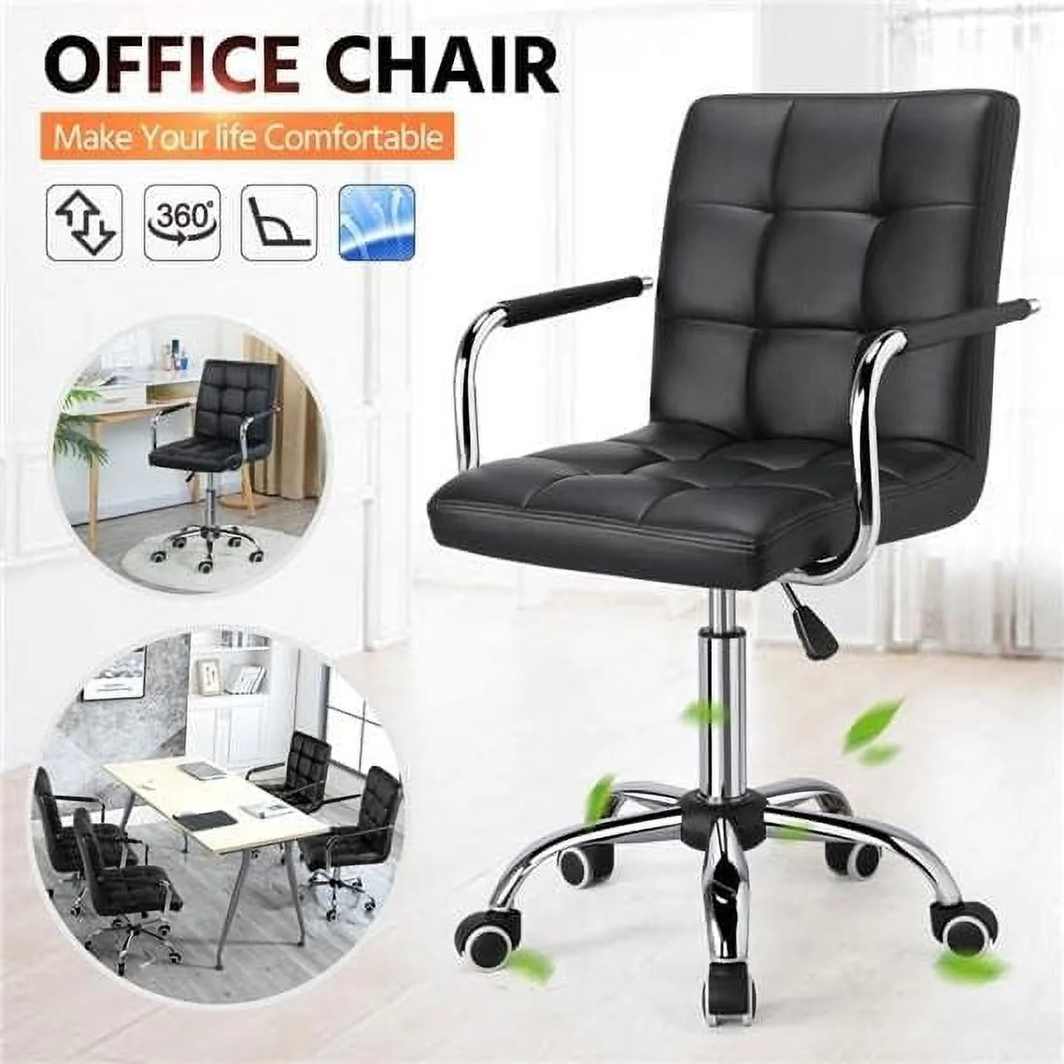 NTTBOBOEC Adjustable Swivel Chair Faux Leather Computer Office Desk Chair Gas Lift Chrome Base On Wheels White