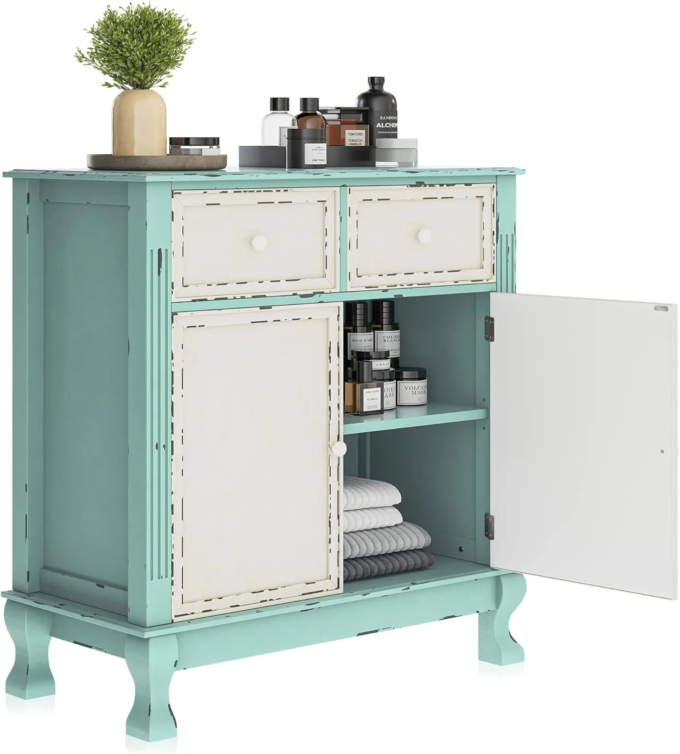 Rustic 32 Inch Wood Entryway Sideboard Cabinet, Antique Farmhouse Vintage Traditional Accent Storage Chest, Two Living Room Decor - Abbey (Sea Foam Green)