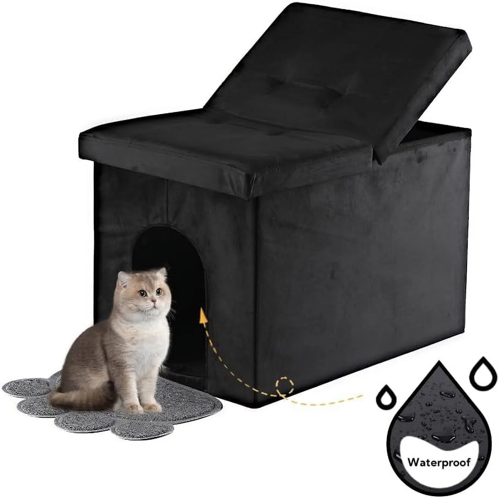 Cat Litter Box Enclosure Furniture Hidden Large, Lift Design Lid Velvet Cat Washroom Bench Storage Cabinet|25x 18 x 18 in|Dog Proof|Urine Proof Inside|Quick Assembly| Easy Clean(Black)