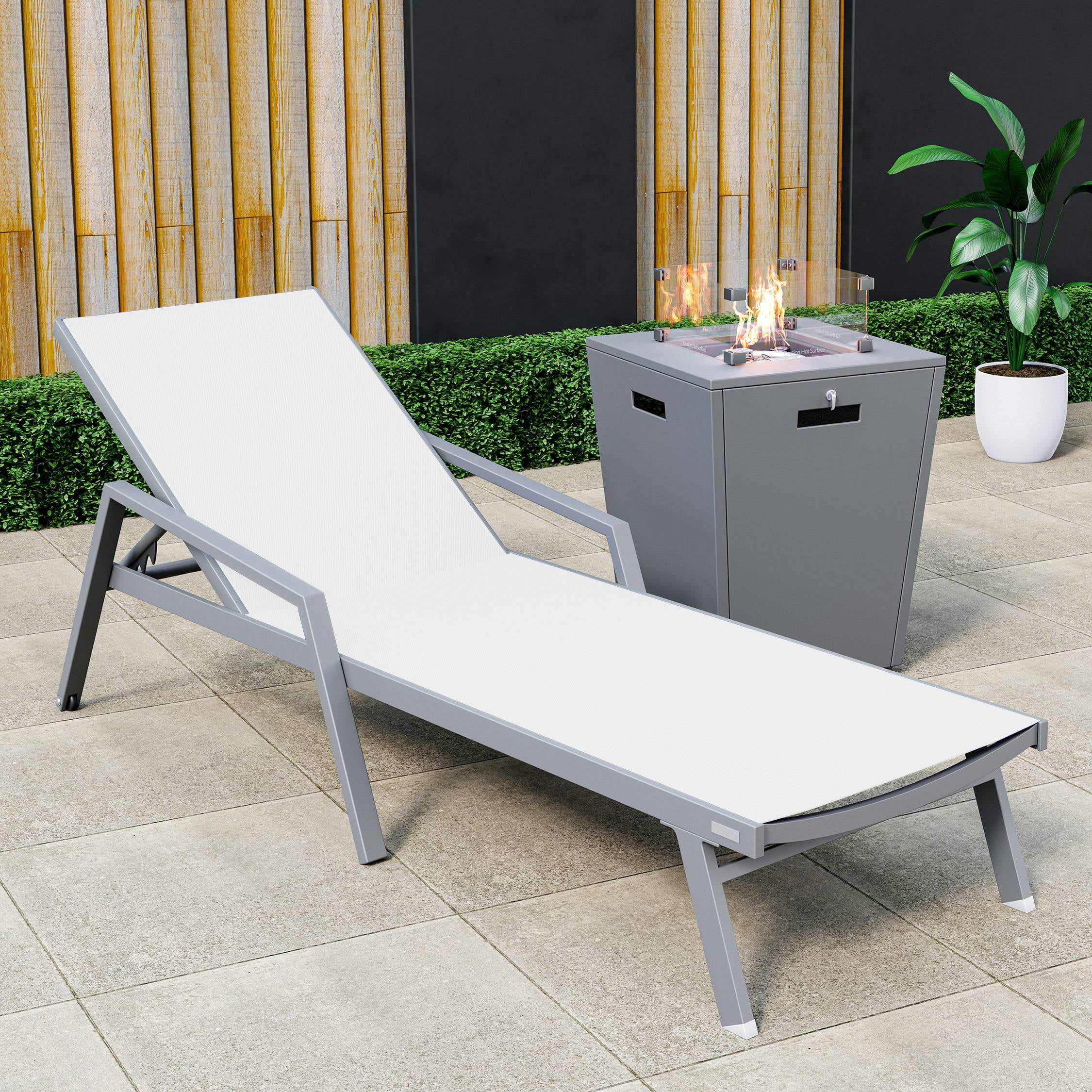 LeisureMod Marlin Modern Gray Aluminum Outdoor Patio Chaise Lounge Chair With Arms with Square Fire Pit Side Table Perfect for Patio, Lawn, and Garden (White)