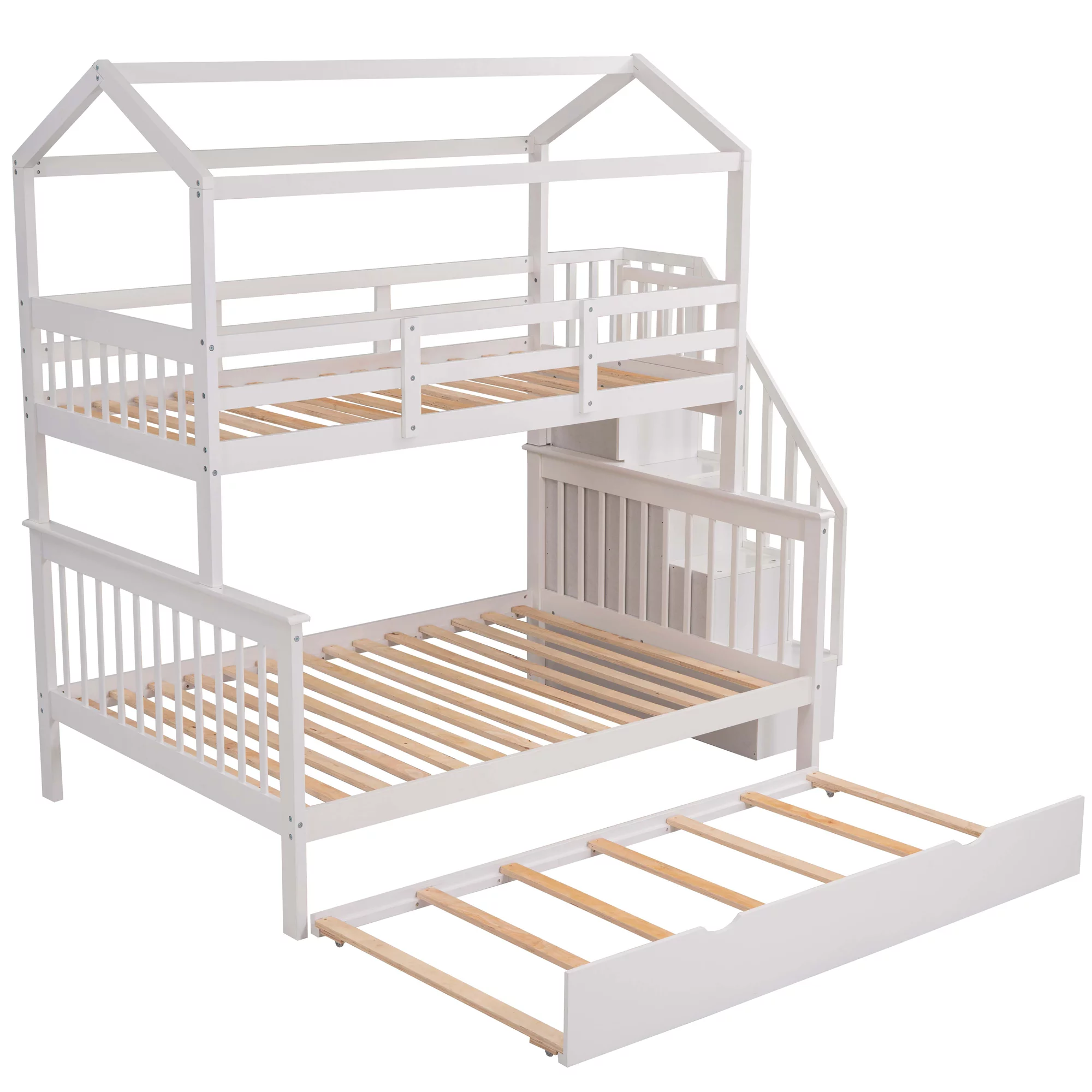 EUROCO Twin over Full House Bunk Bed with Trundle and Staircase, White