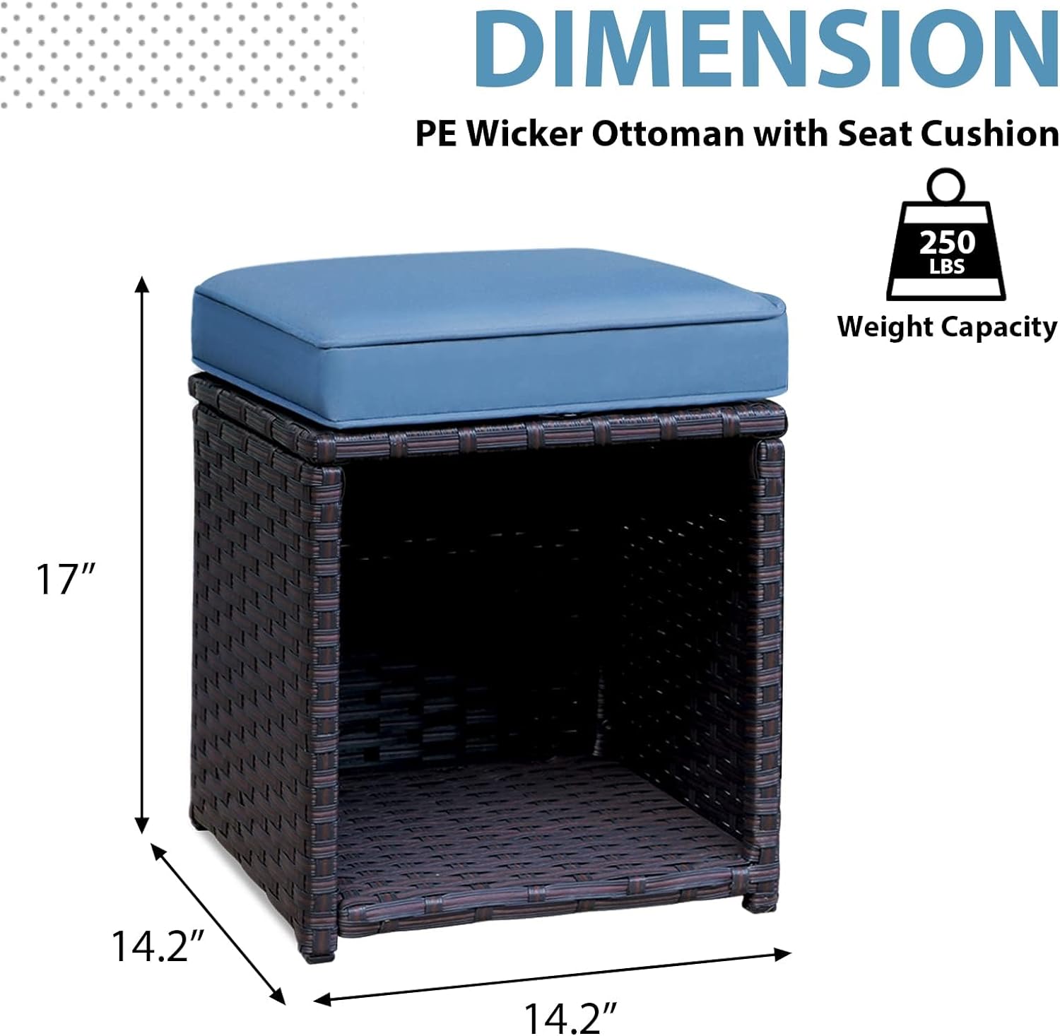 U-SHARE Outdoor Patio Ottoman Set of 2, All Weather PE Rattan Wicker Ottoman Set, 2 Piece Outdoor Footstool Footrest Seat with Removable Cushions Storage Space, Aegean Blue
