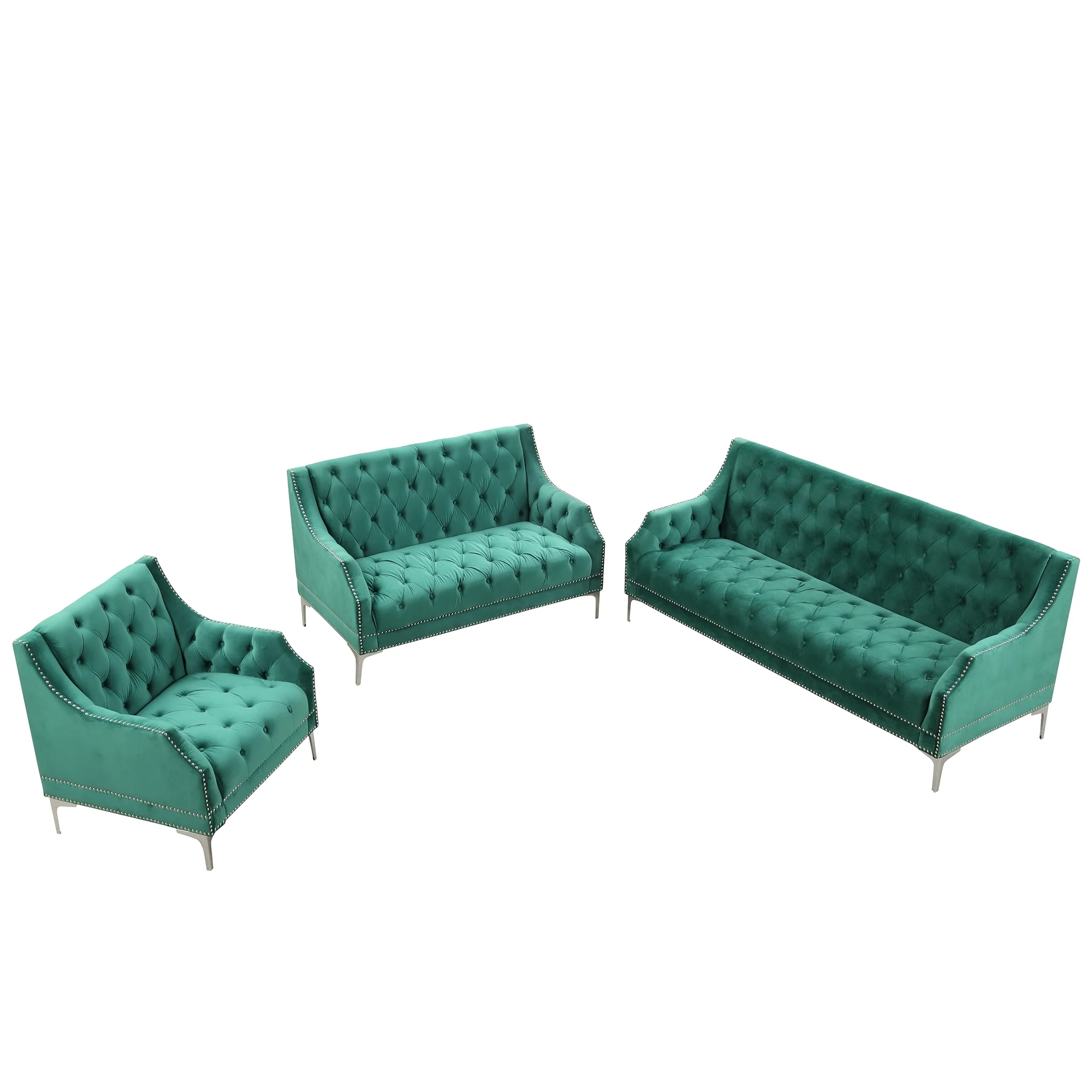 Modern three-piece sofa set with metal legs, buttoned tufted backrest, frosted velvet upholstered sofa set including three-seater sofa, double seater and living room furniture set Single chair