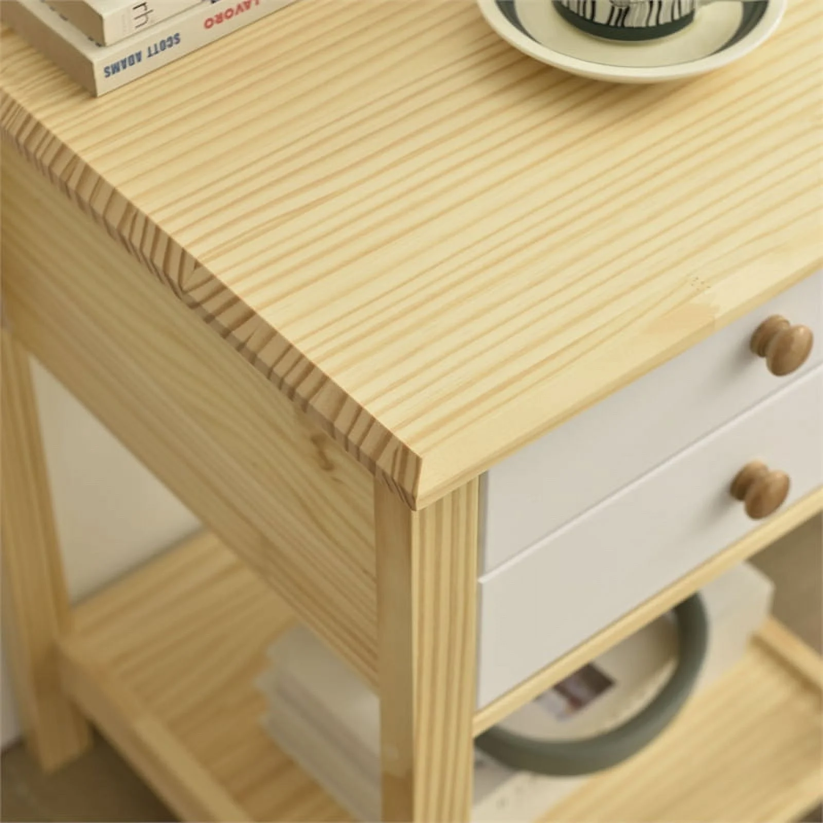 Home Square Solid Pine Wood 2 Drawer Nightstand in White & Natural - Set of 2