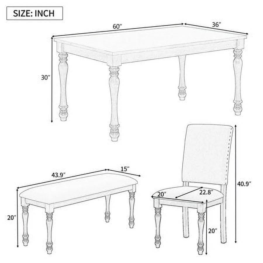Churanty 6 Pieces Dining Table Set for 6 Wood Rectangular Kitchen Table with Turned Legs and 4 Upholstered Chairs and Bench , Grey