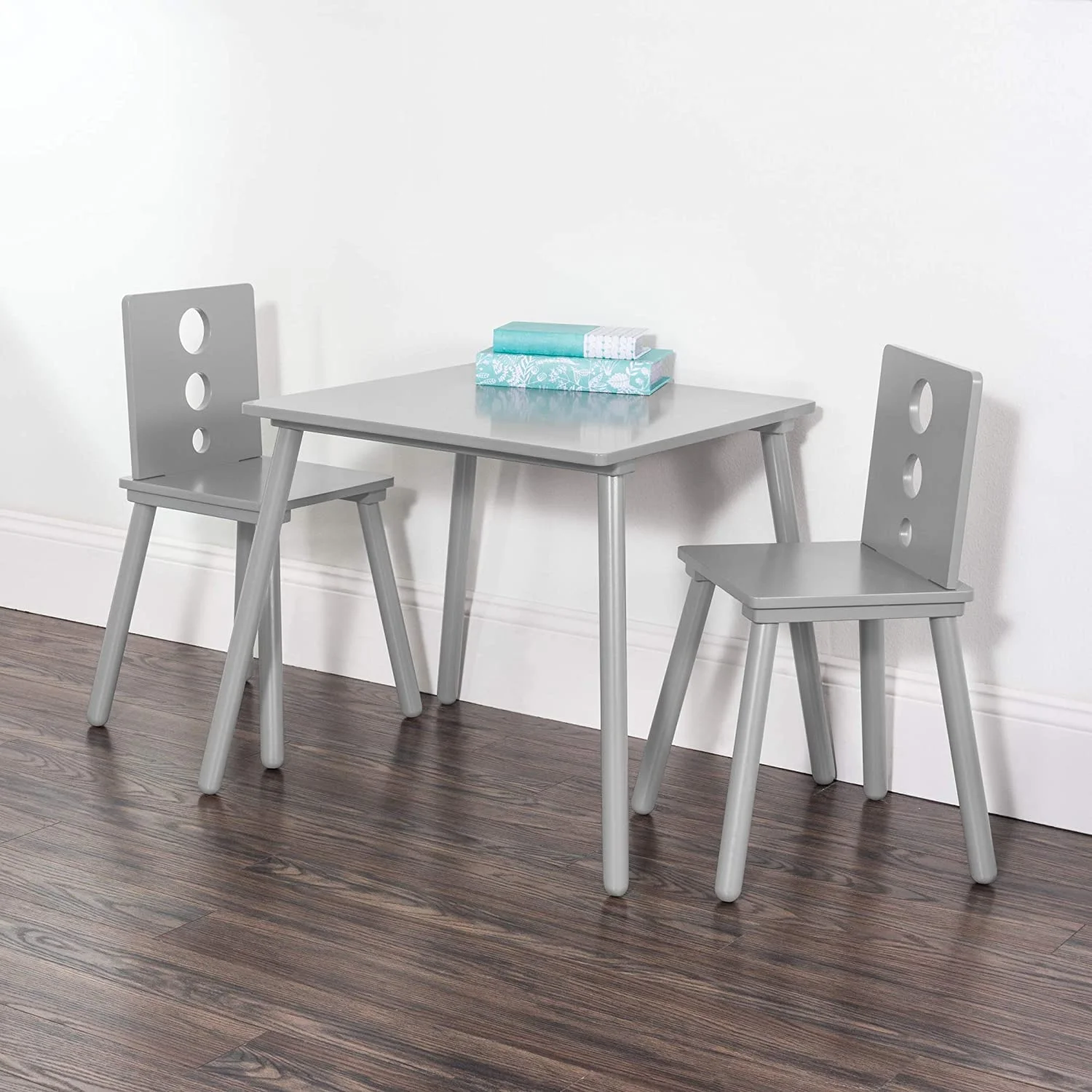Wooden Kids Table and 2 Chair Set, 3-Piece, Includes Wooden Kids Table with 4 Legs and 2 Modern Chairs, Non-Toxic, Baby Safe Finish (Cool Gray)