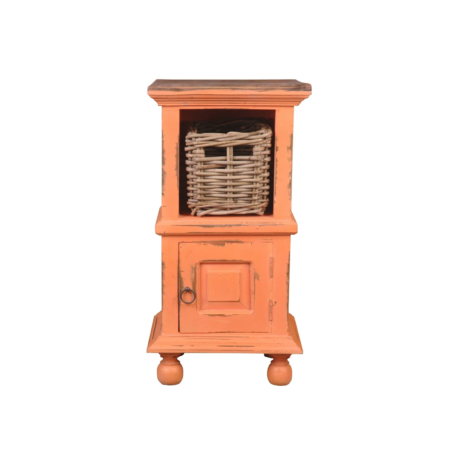 HomeStock End Table With Basket , Coral/Raftwood Brown Solid Wood , Fully Assembled