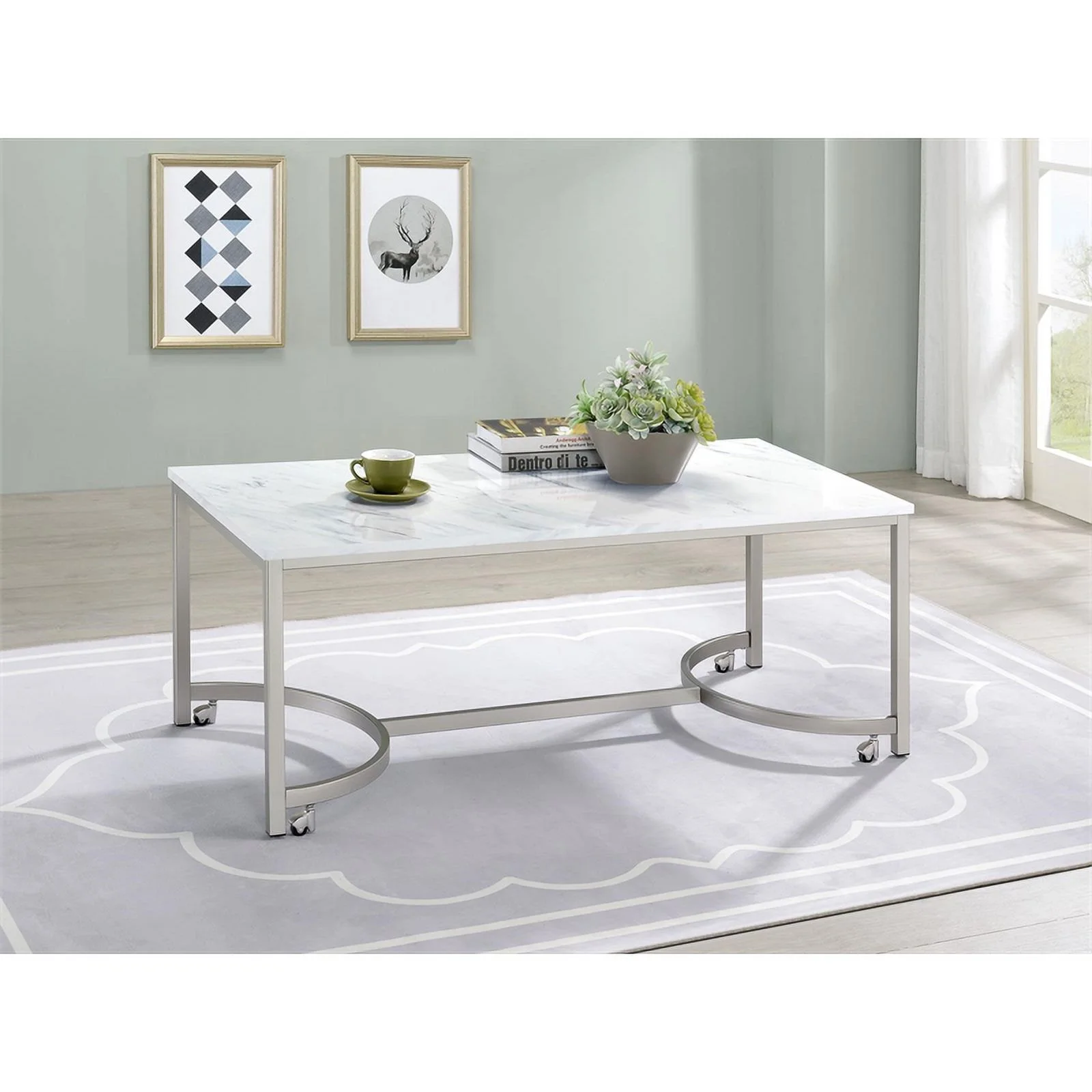 Coaster Company Faux Marble with Casters Coffee Table, Satin Nickel