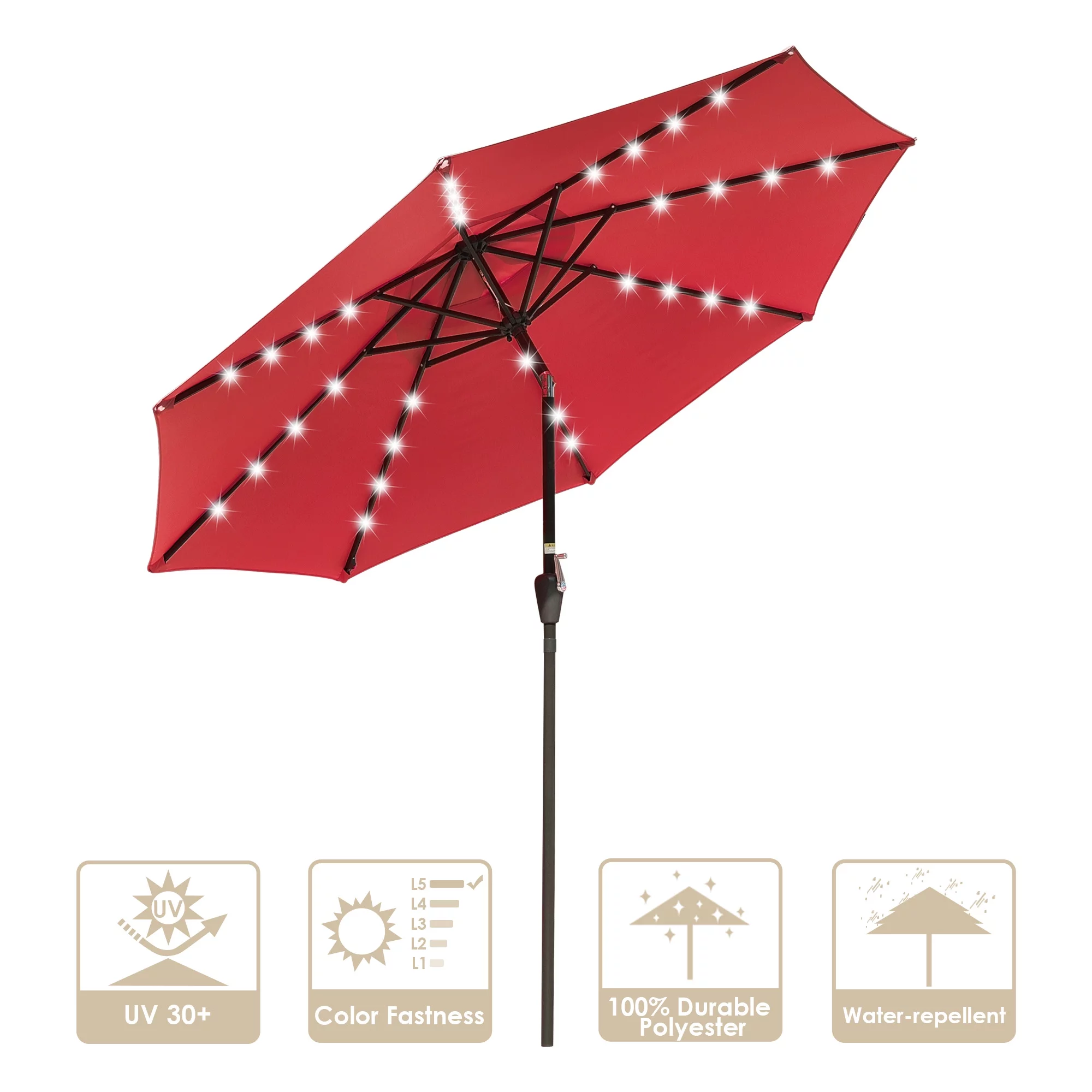Yescom 9Ft LED Lighted Patio Market Umbrella Outdoor Solar Powered Table Umbrella 8 Ribs 32 Lights UV30 Red
