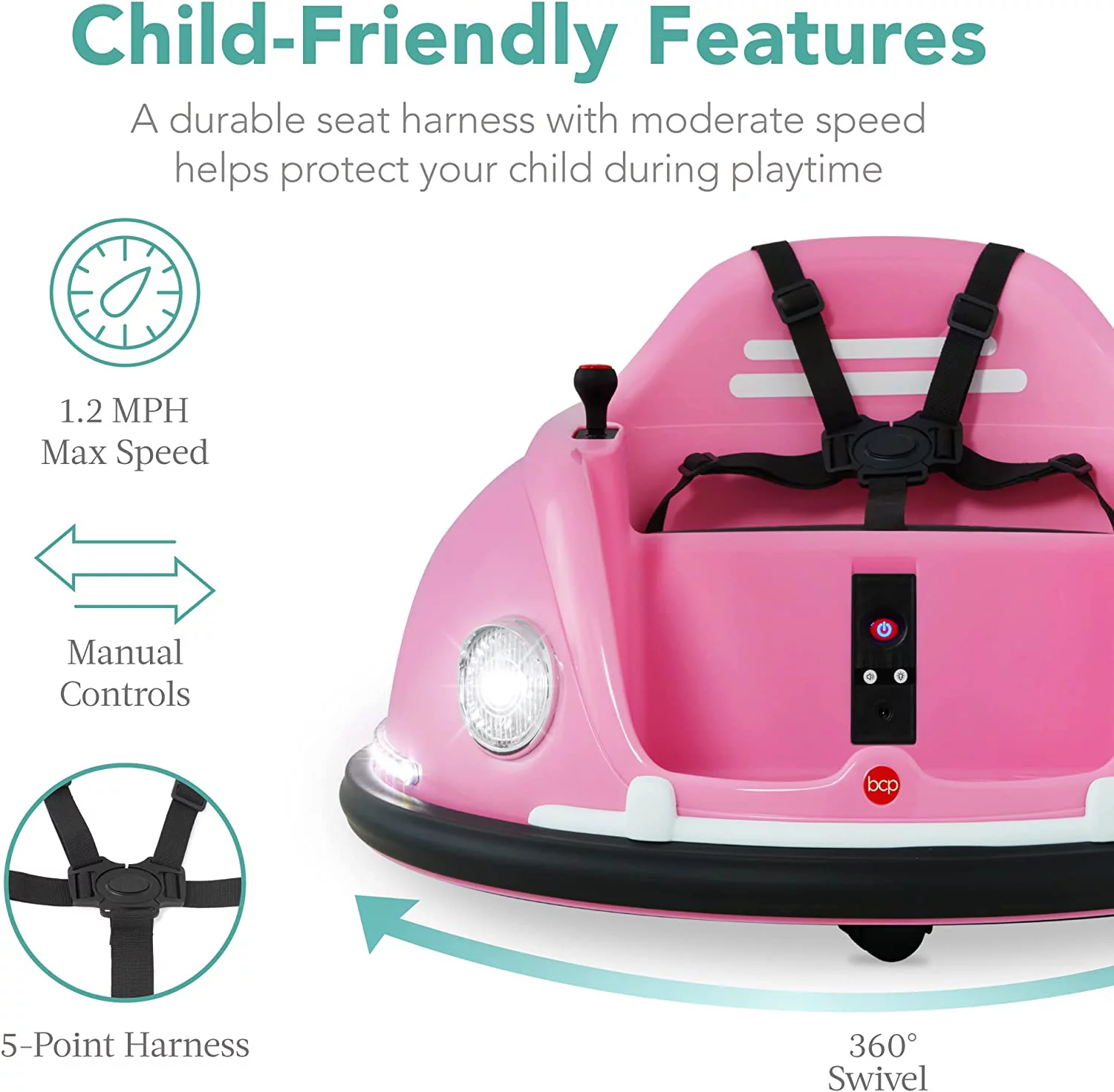 6V Electric Kids Ride On Bumper Car, 1.5 - 6 Years Old, Parent Remote Control, 360 Degree Spin, Lights, Sounds - Pink