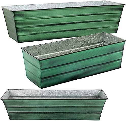 VFB-05 Medium, Green Galvanized Steel Window Flower Box Resistance Against Rust and Corrosion with Drainage Holes and Easy Installation, White